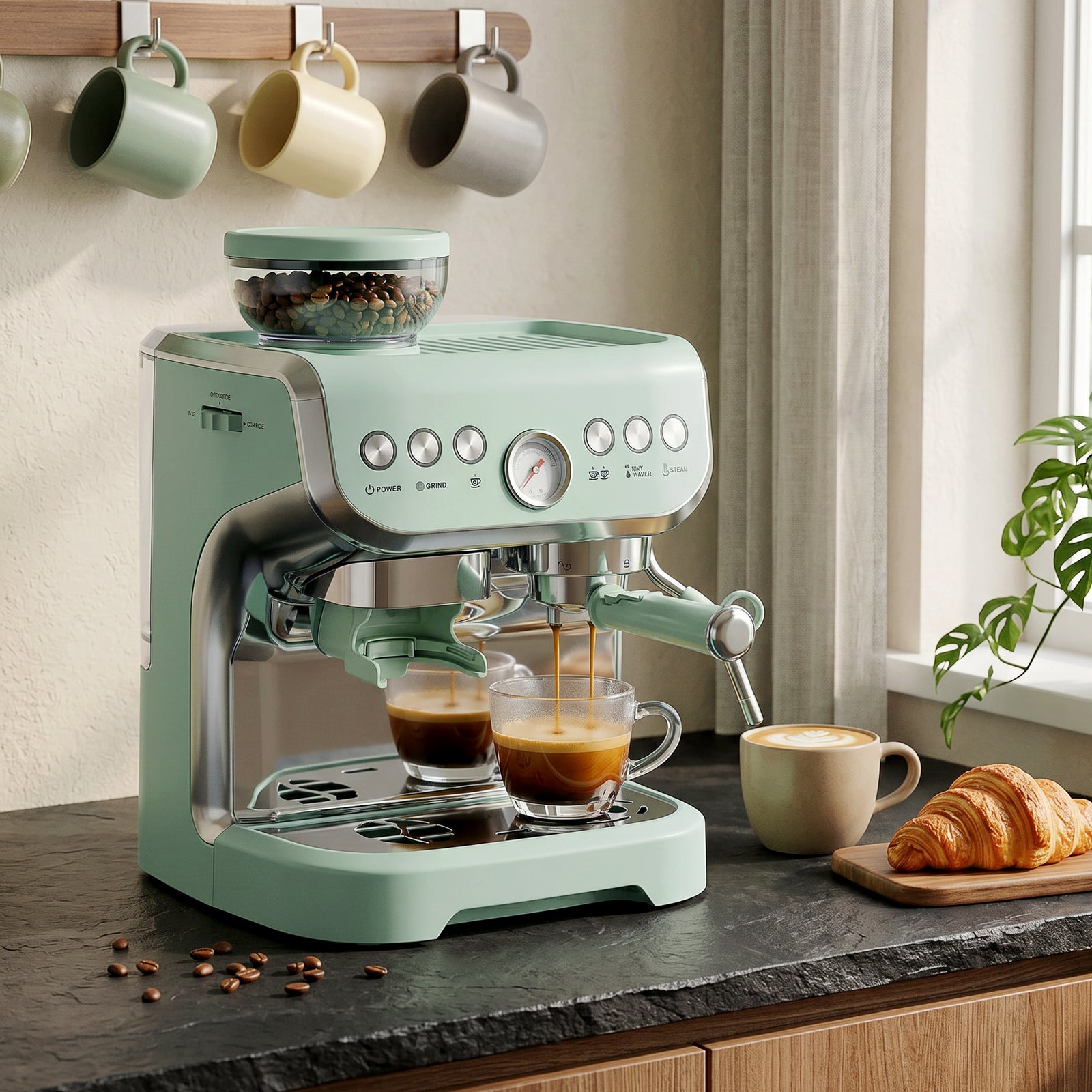 Espresso Machine, Bean Grinder & Steam Wand, 15 Bar Pressure | Light Green