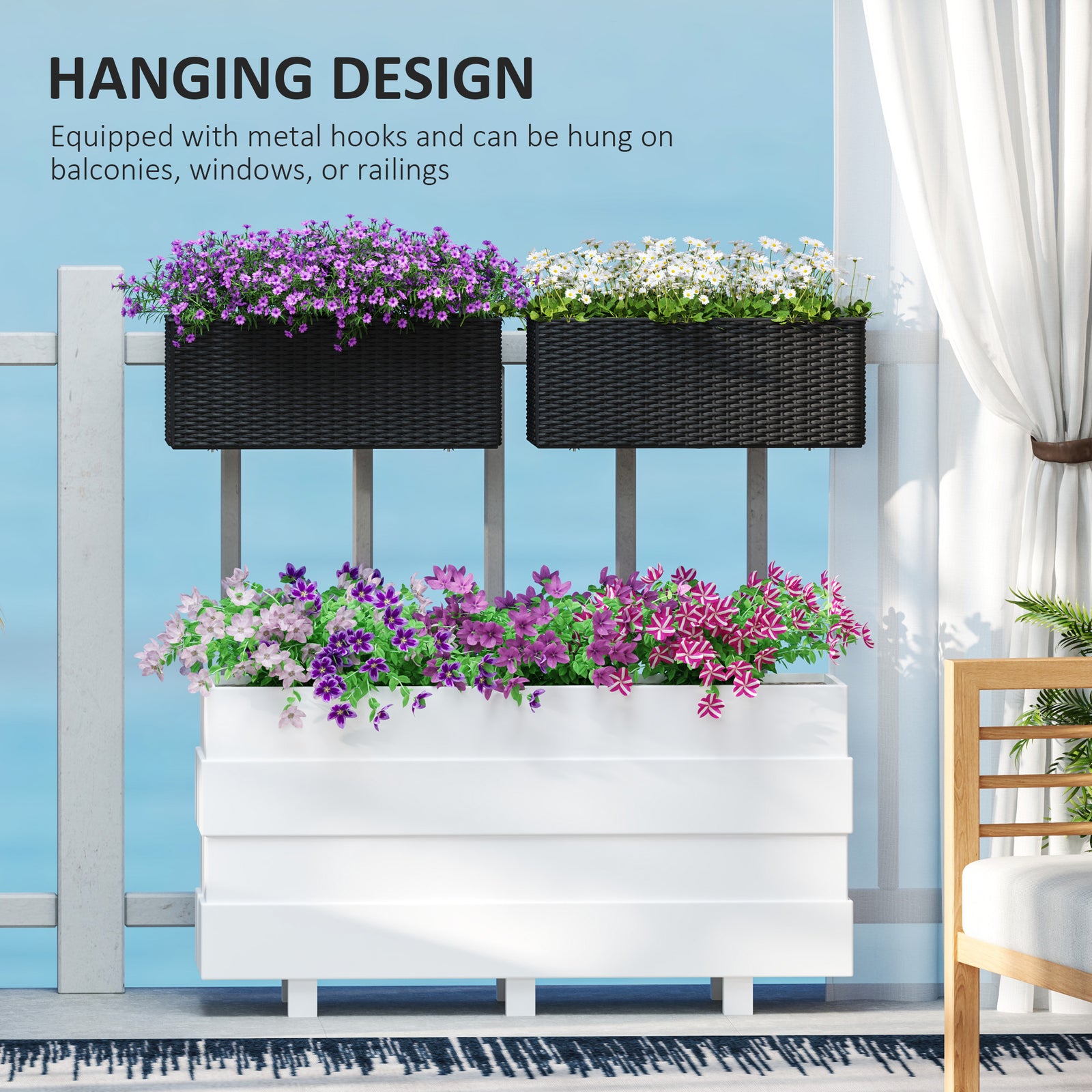 Set Of 2 Hanging Flower Boxes, 50 Cm Long, Rattan Look | Black