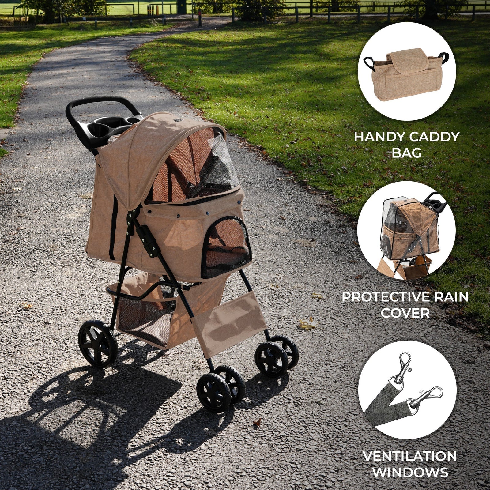 Pet Stroller With Rain Cover & Caddy Bag | Beige