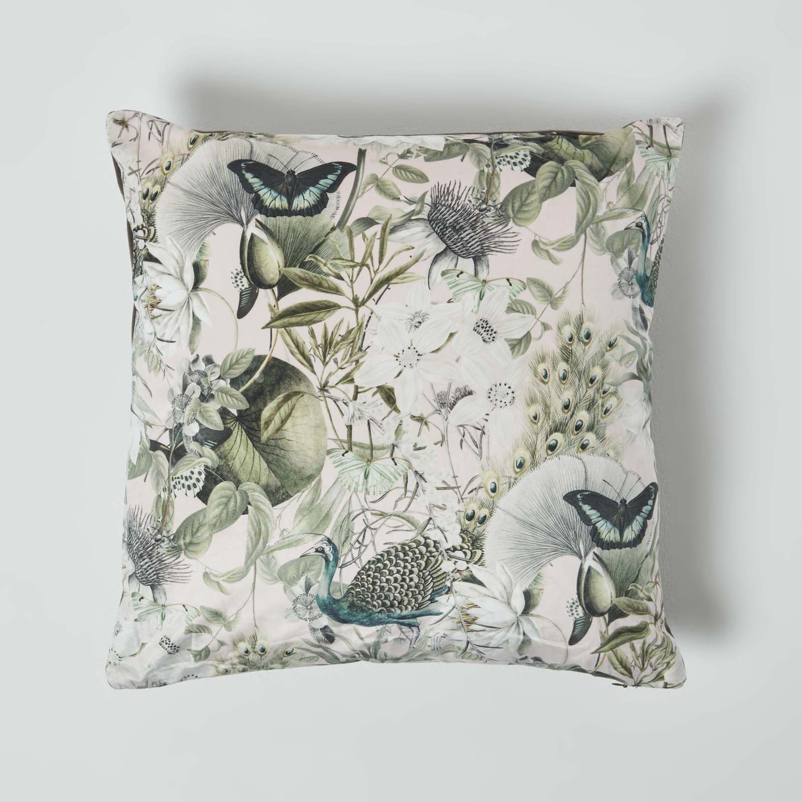 Floral Butterfly Garden Velvet Filled Cushion | 45cm x 45cm | Pink & Grey