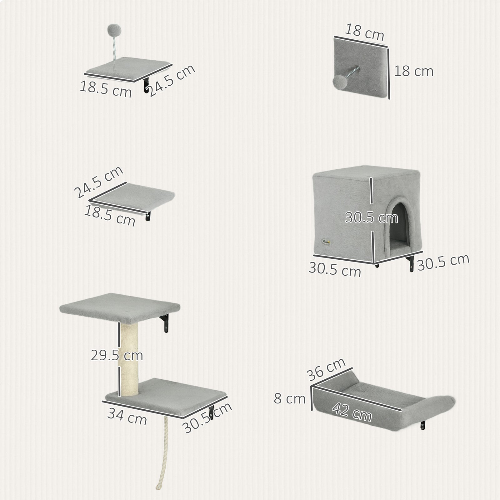 6-piece Cat Wall Shelves Set, Cat Wall Furniture With Condo, Grey