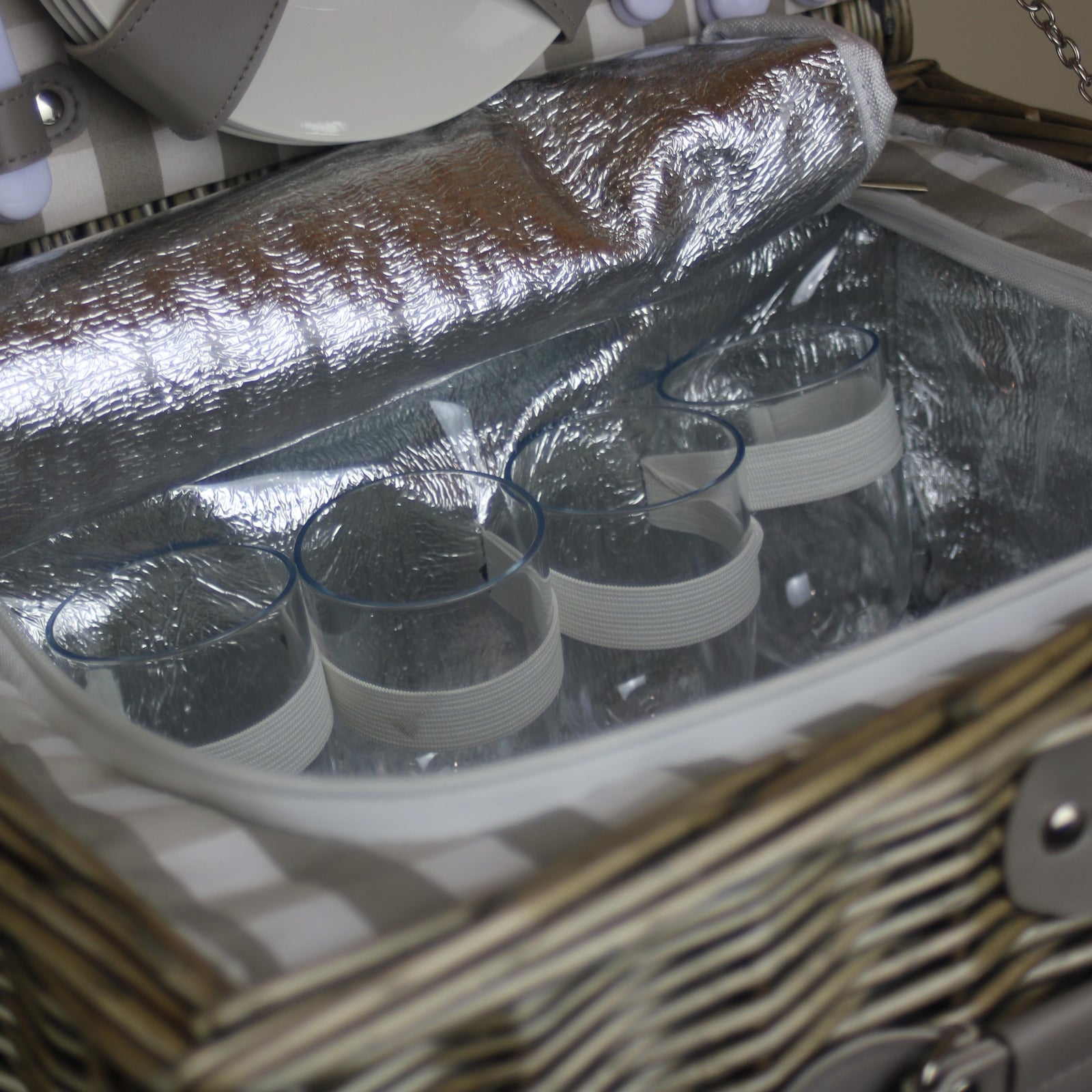 Grey Checked Picnic Wicker Basket With Cooler | 4-Person | Gray