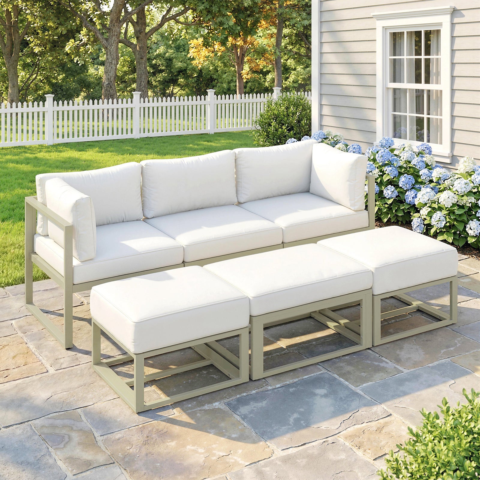 Outsunny 6 Pc Garden Daybed, Sectional Sofa Set With Coffee Table, Footstool