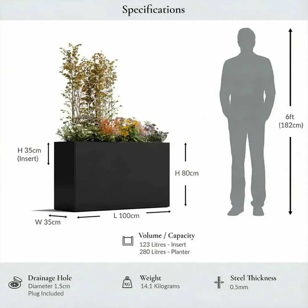 Long Zinc Galvanised Tall Trough Planter | 100cm x 35cm x 80cm | Black Gloss
