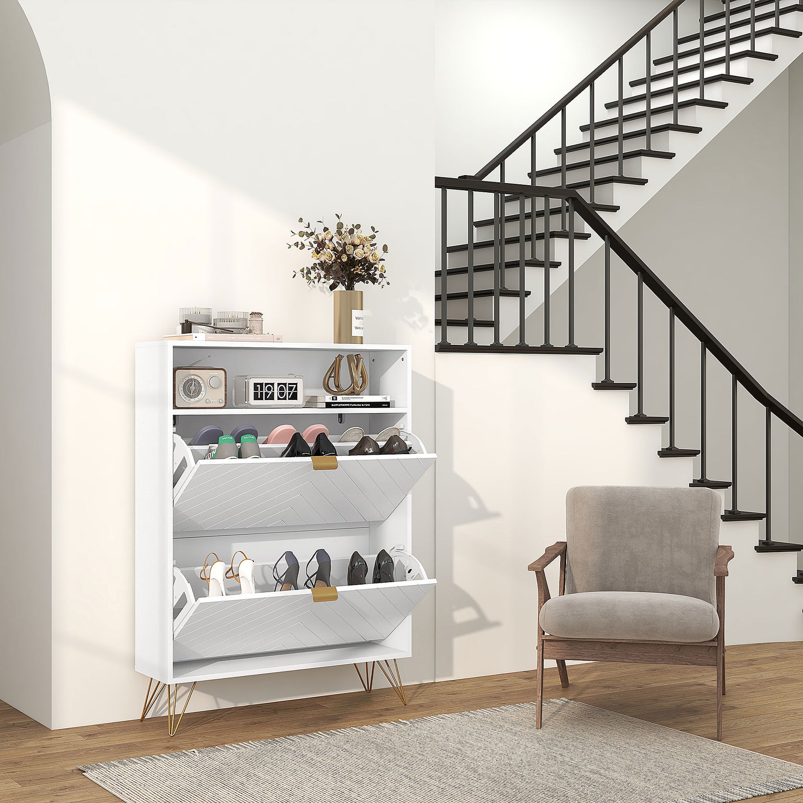 Narrow Shoe Storage Cabinet With 2 Flip Drawers For 12 Pairs