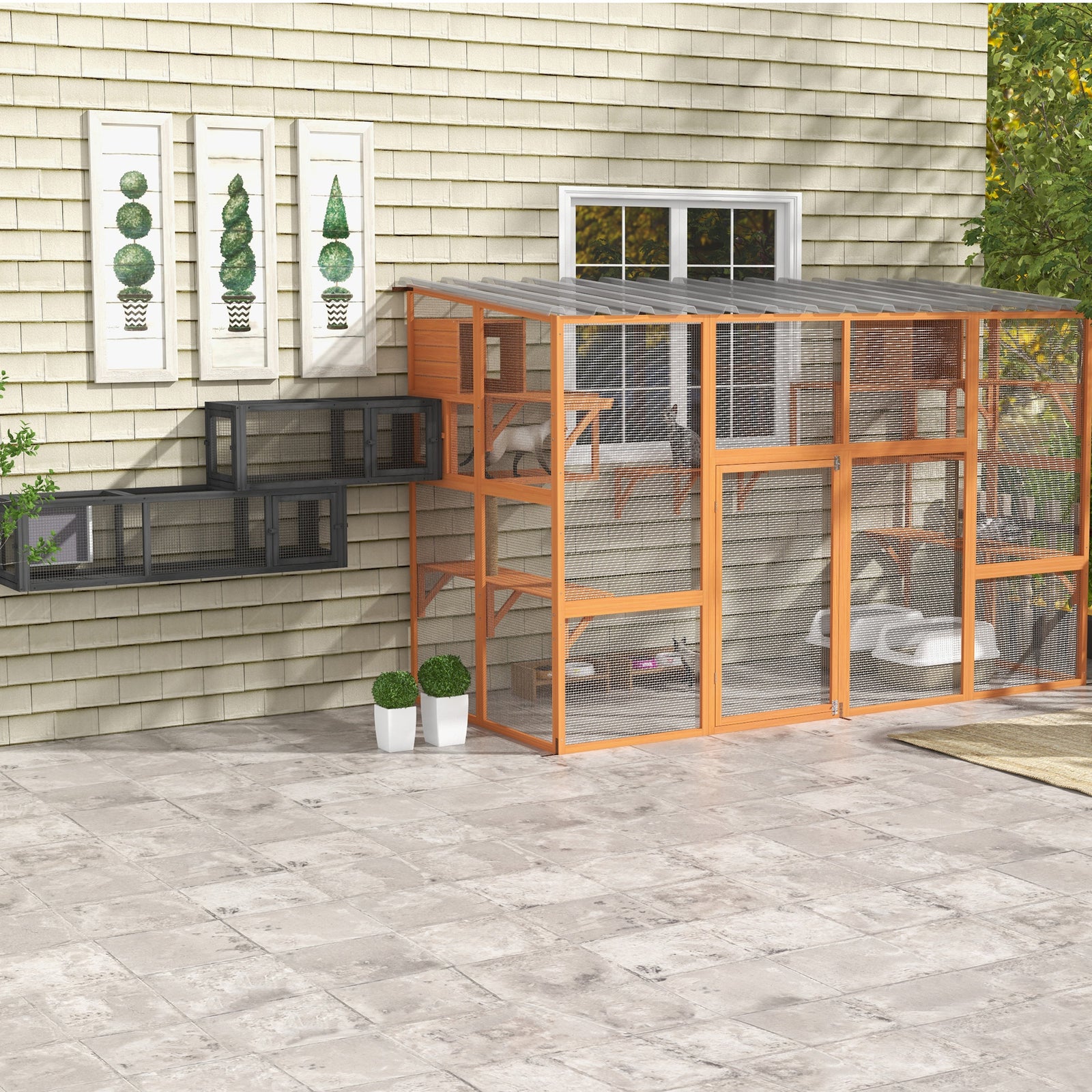 PawHut Cat Tunnel, 250cm Extra Long Wooden Cat Play Tunnel With 8 Doors Grey