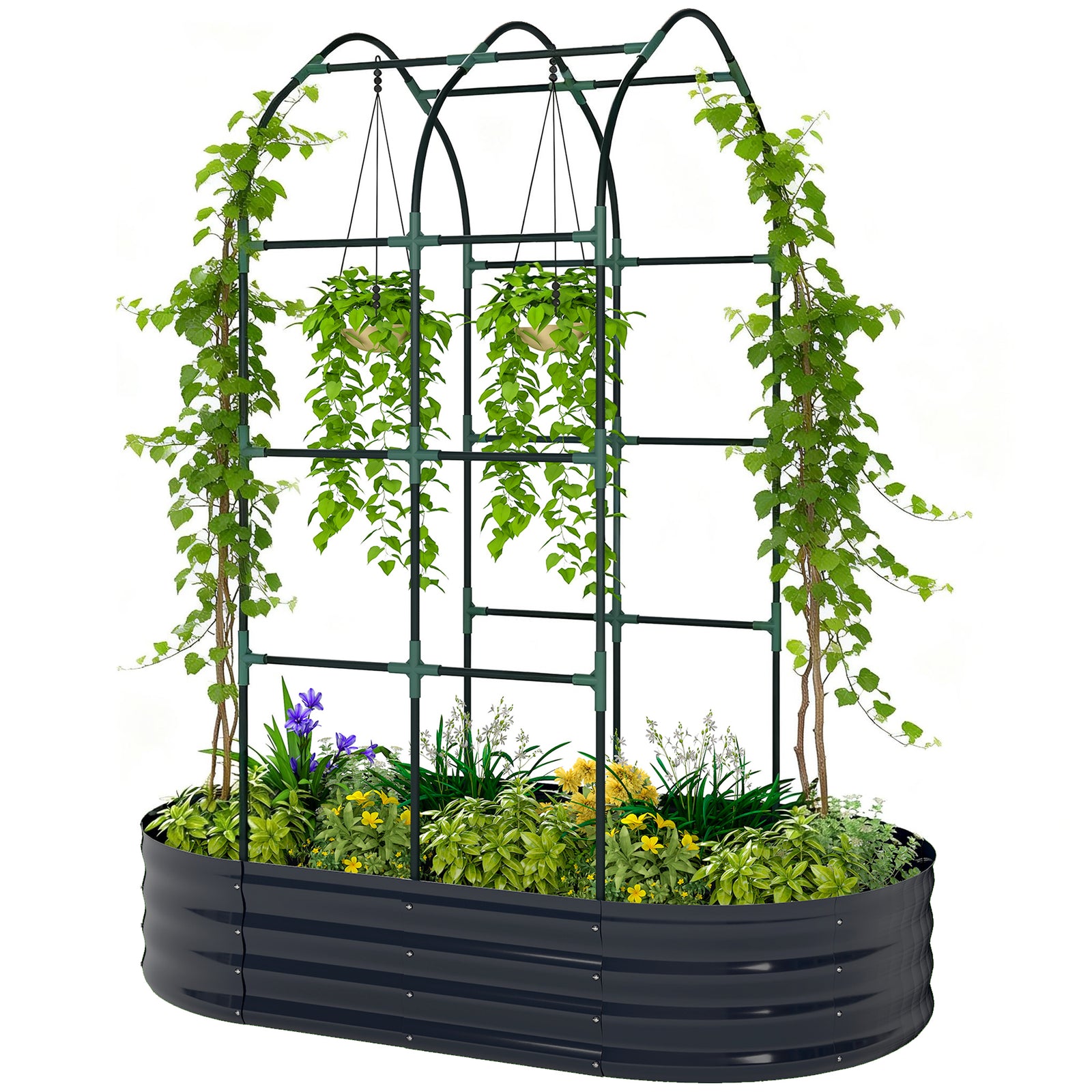 5 X 3 X 6ft Galvanised Raised Garden Bed With Trellis | Dark Grey