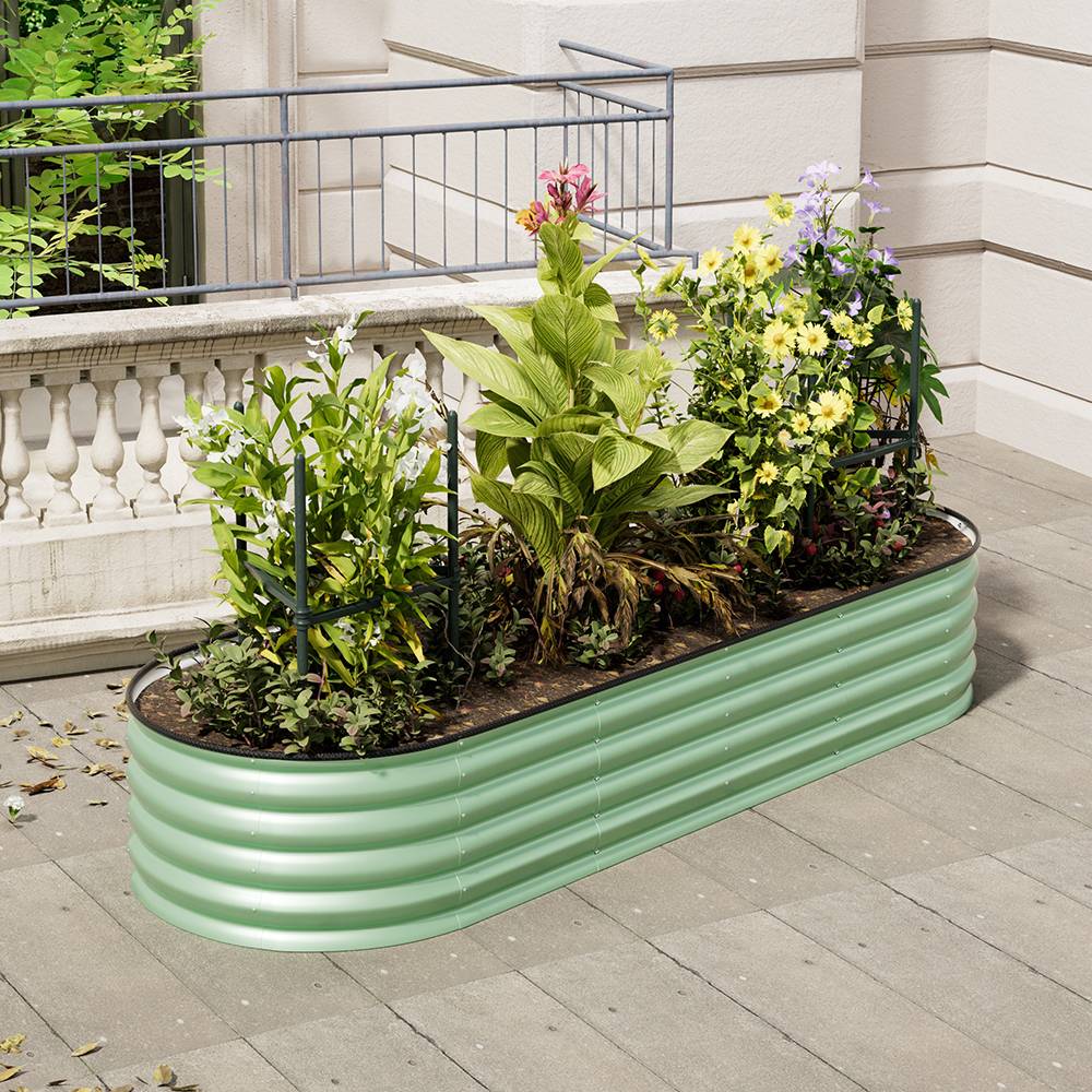 Green Raised Garden Bed Oval Galvanized Steel Planter For Backyard Gardening | Medium | Light Green