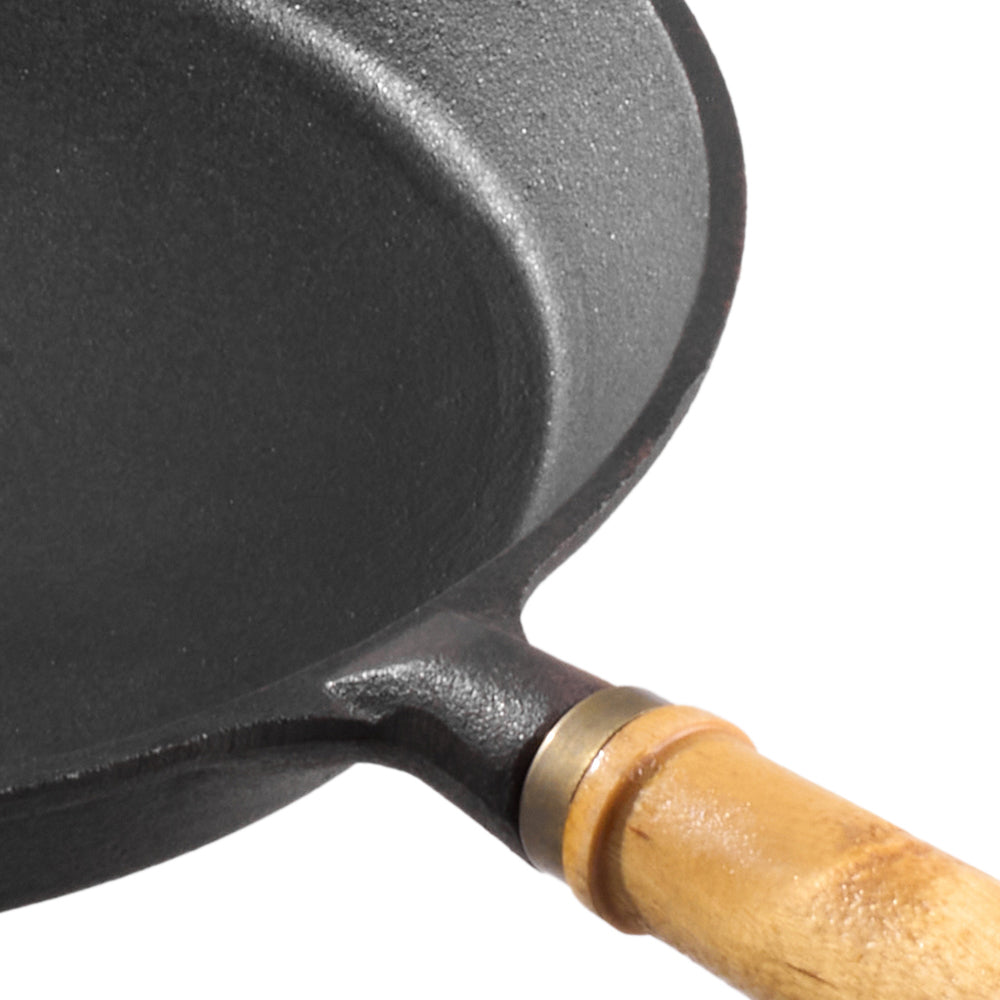22/25/29cm Dia Round Cast Iron Skillet With Removable Wooden Handle And Oil Spout | Medium | Black