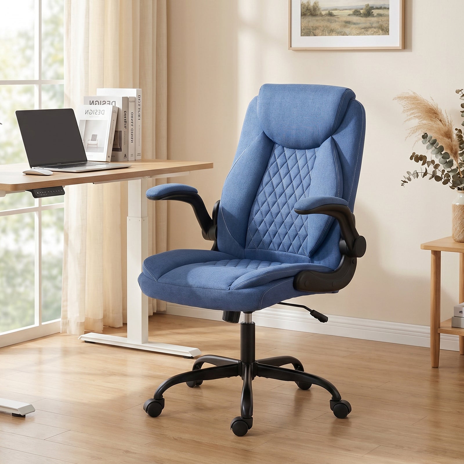 Linen-look Computer Desk Chair With Thick Cushion | Blue