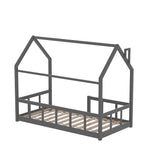 Kids Pine Wood House Bed Frame With Guardrails – 160cm X 80cm Low Design Single Toddler Bed For Safe And Fun Sleep | Grey