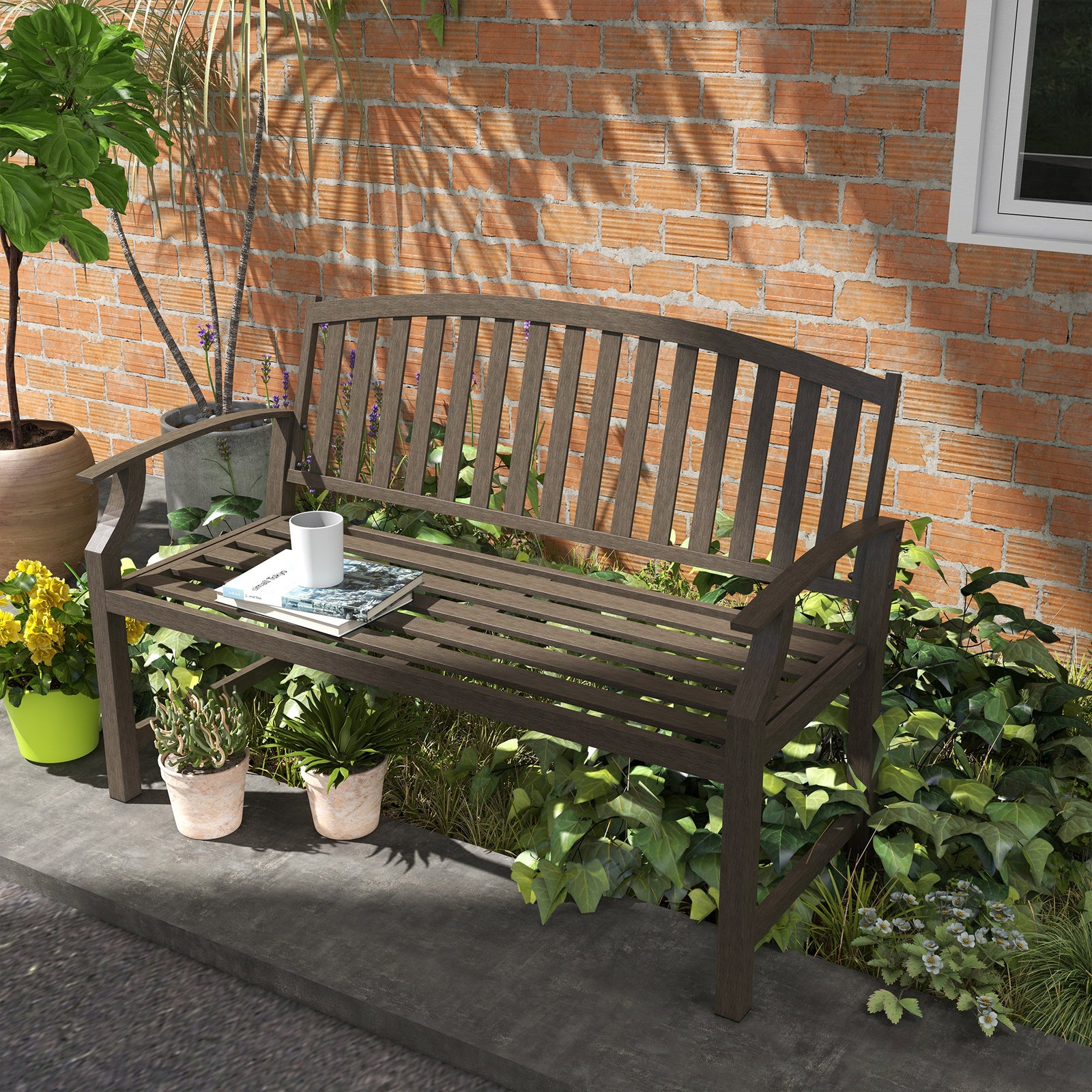 Garden Bench Curved Armrest Brown