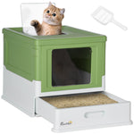 Hooded Cat Litter Box W/ Tray, Scoop, Front Entry | Dark Green