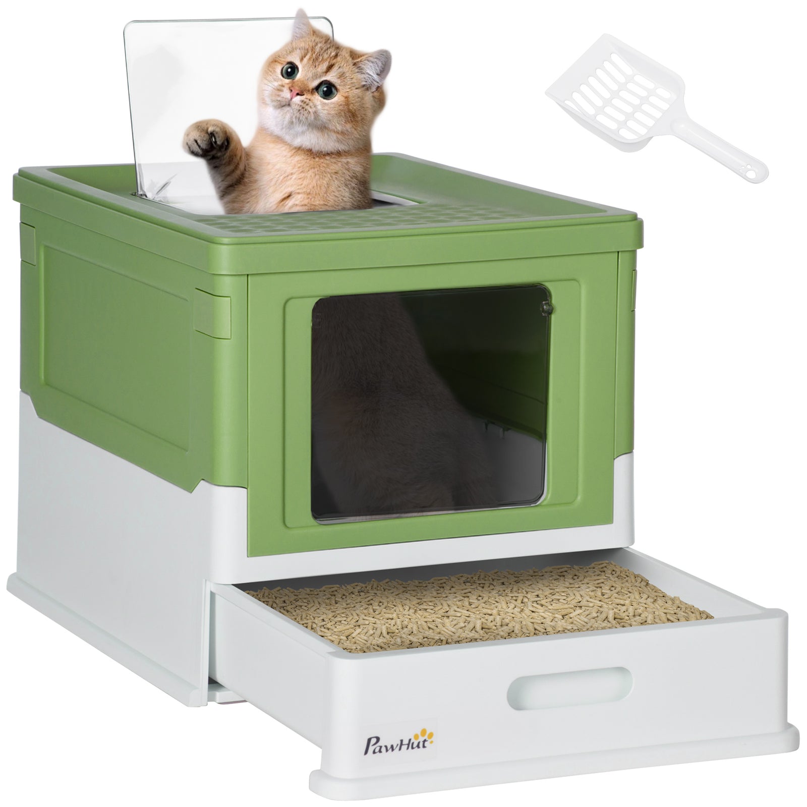 Hooded Cat Litter Box W/ Tray, Scoop, Front Entry | Dark Green
