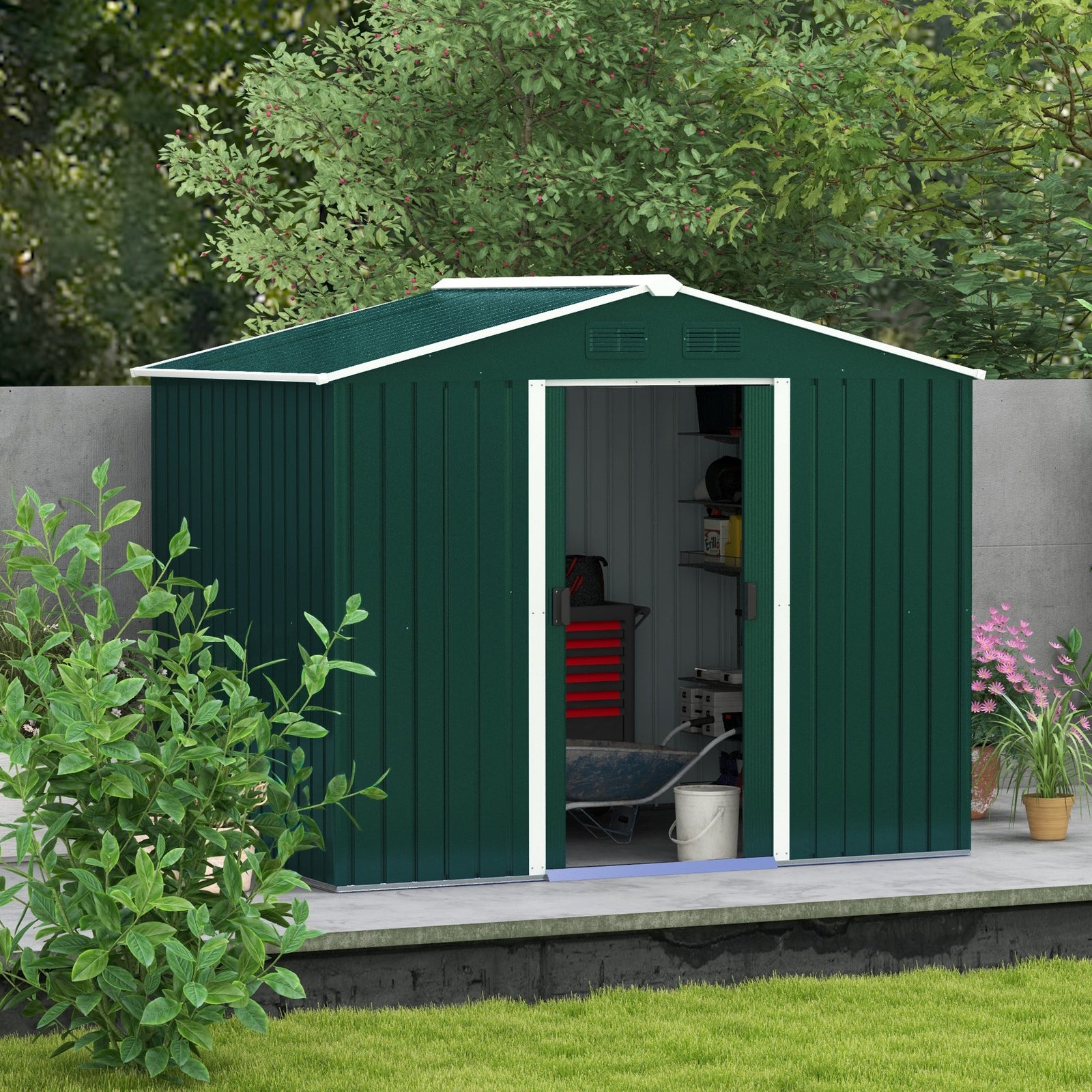 8 X 6ft Garden Storage Shed With Double Sliding Door Outdoor | Green