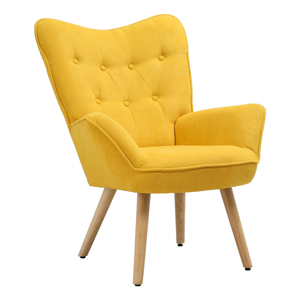 Mustard Yellow Tufted Button Linen Armchair With Wooden Legs