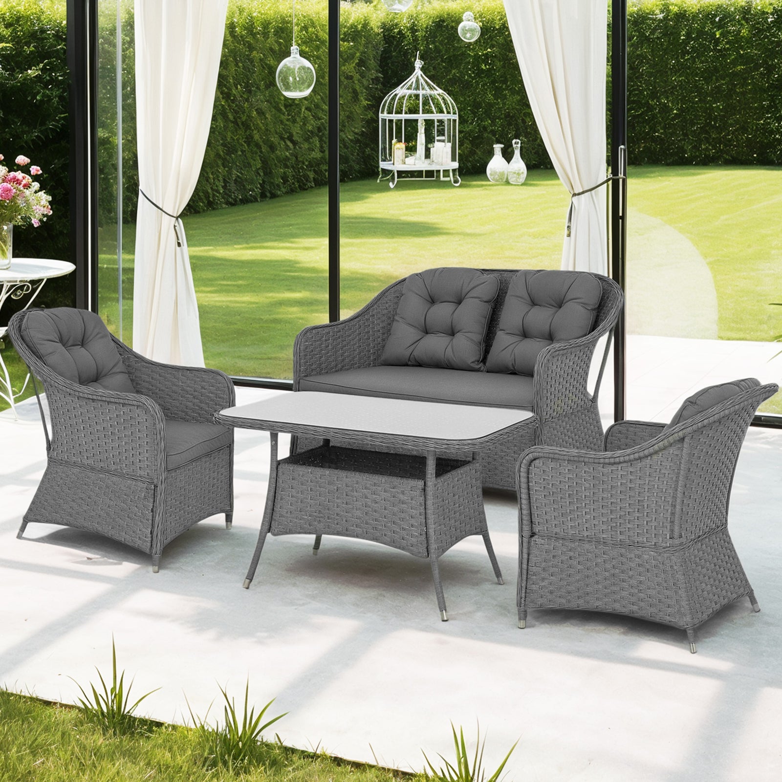 4 Pcs Rattan Garden Furniture, Padded Conversation Sofa Set