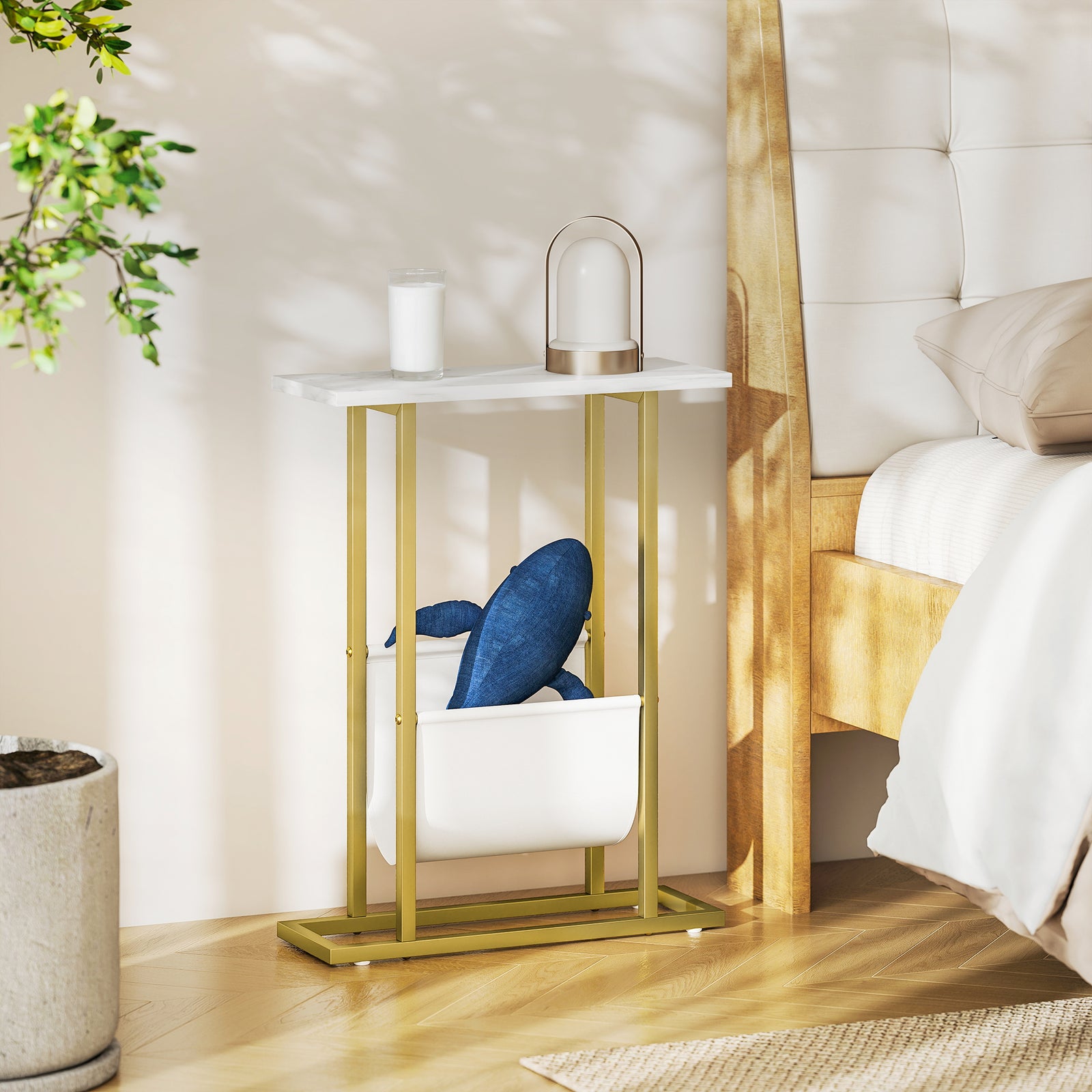 HOMCOM Narrow Side Table, End Table With Magazine Holder For Small Spaces