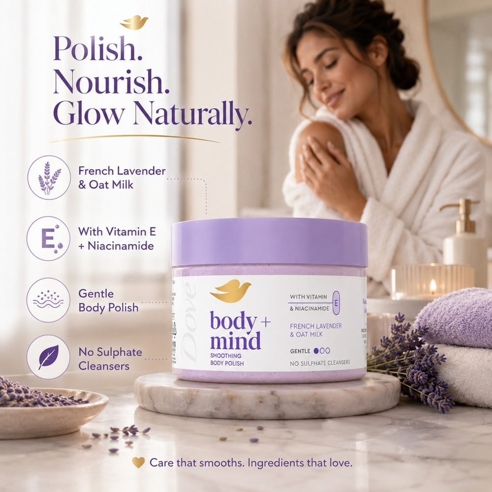 Body + Mind Smoothing Body Scrub, French Lavender & Oat Milk, 295ml | Set-of-6