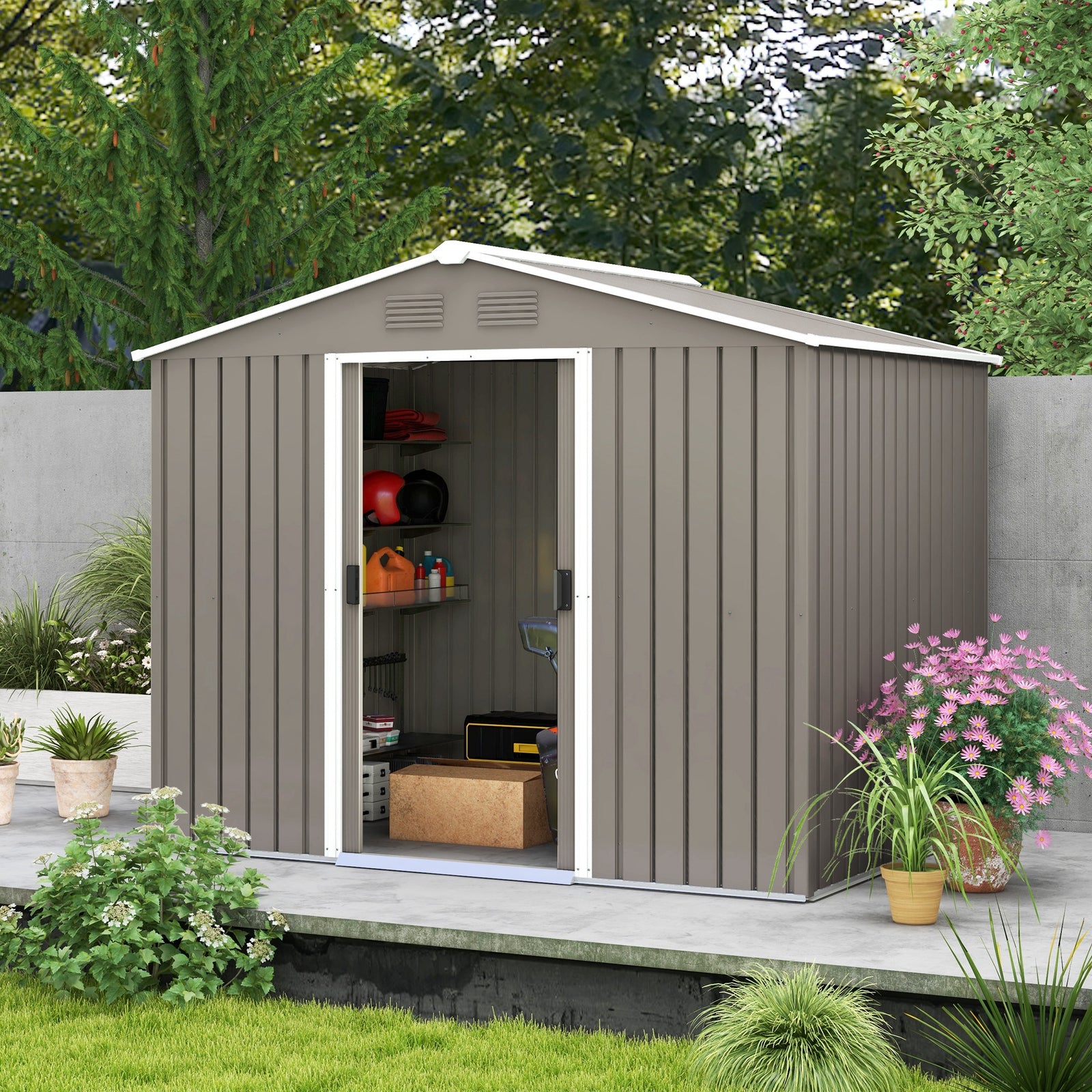 8 X 6ft Garden Storage Shed With Double Sliding Door Outdoor | Light Slate Gray