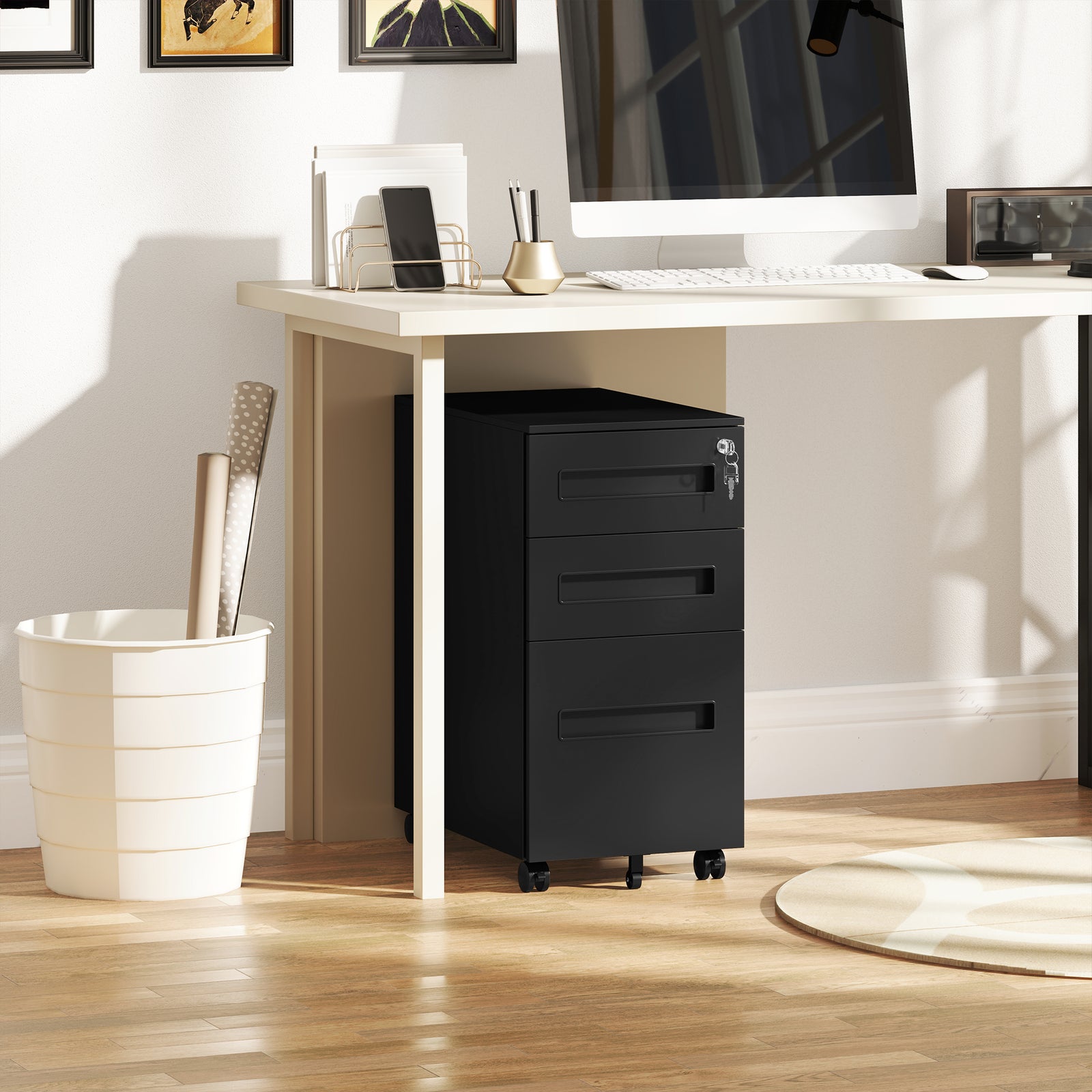 Lockable Mobile Filing Cabinet W/ 3 Drawers | Small | Black