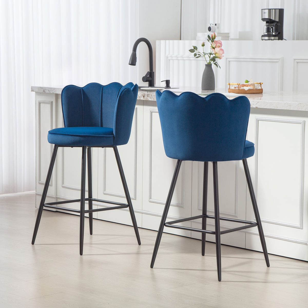 Barstool With Petal Backrest For Kitchen Island | Set of 2 | Dark Blue