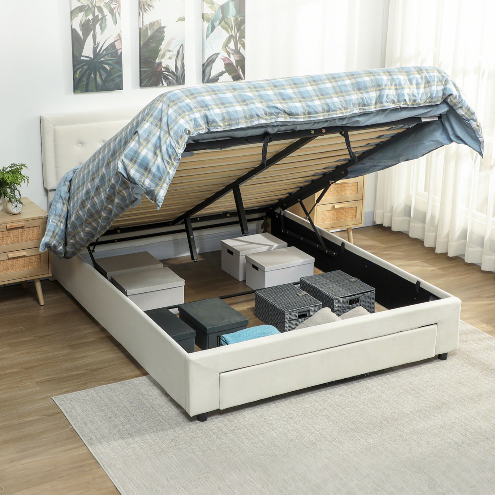 King Size Bed Frame With Storage And Adjustable Headboard | Cream