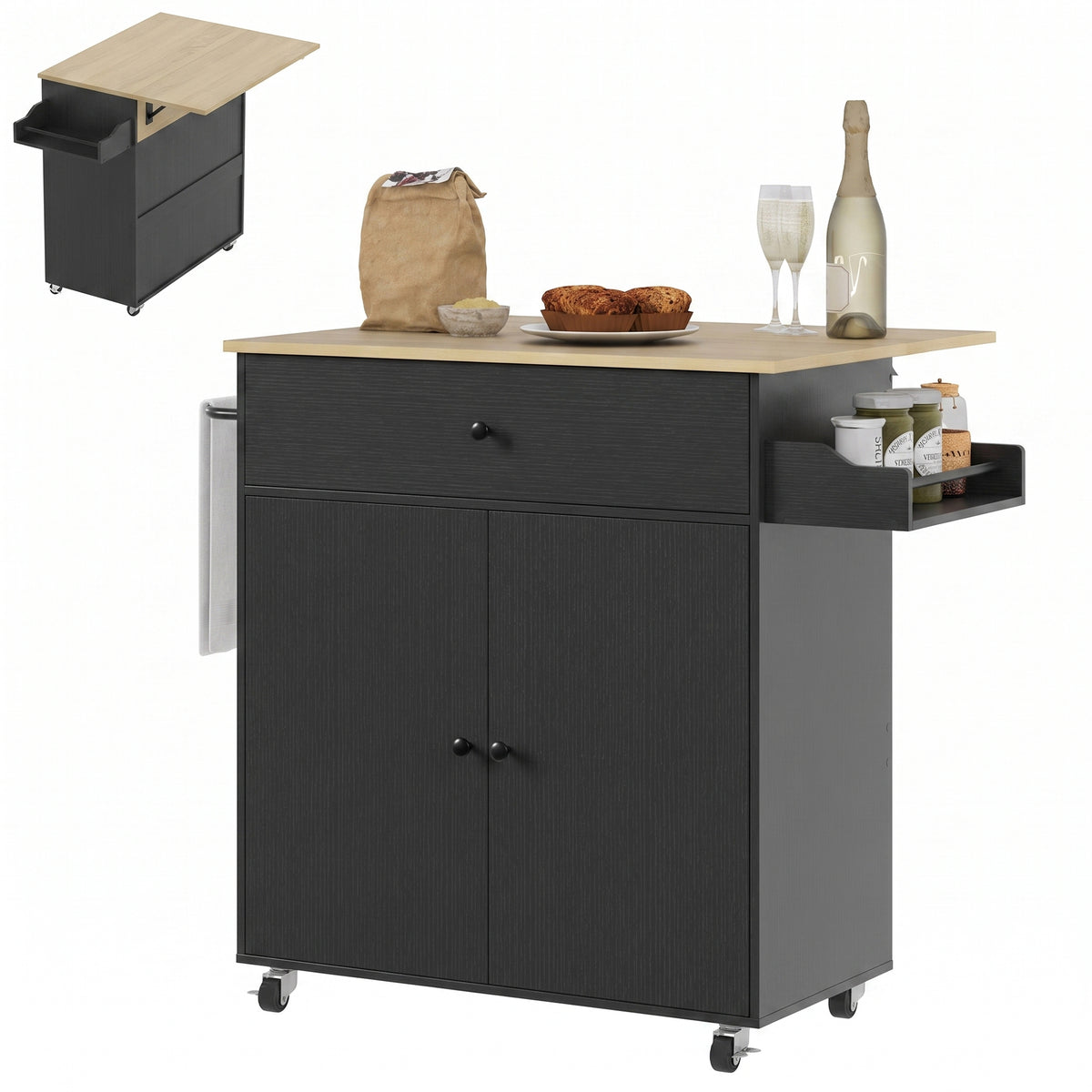 Kitchen Island With Drop Leaf, Rolling Kitchen Storage Trolley | Black