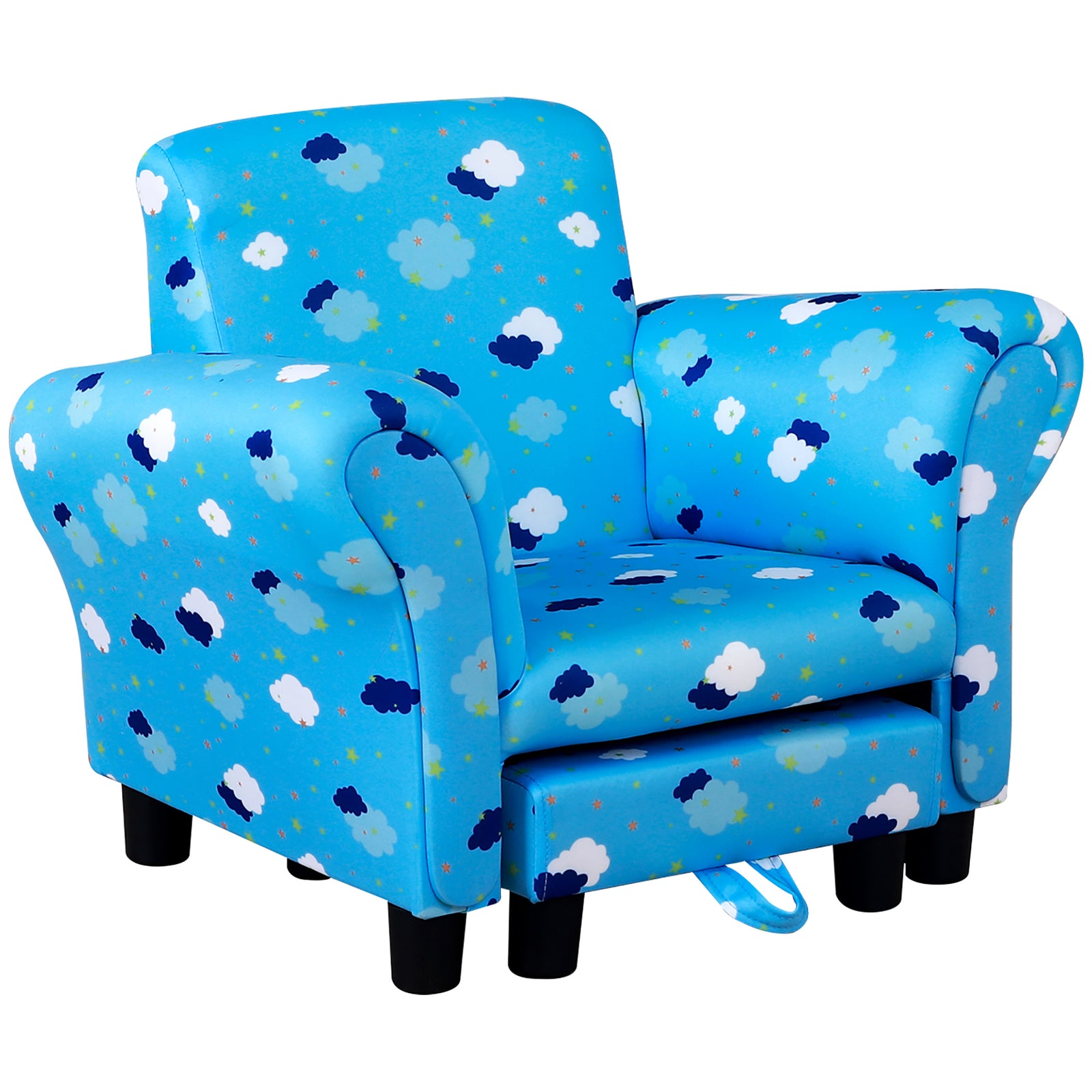 Cute Cloud Star Child Armchair Seat Wood Frame W/ Footrest Padding | Blue