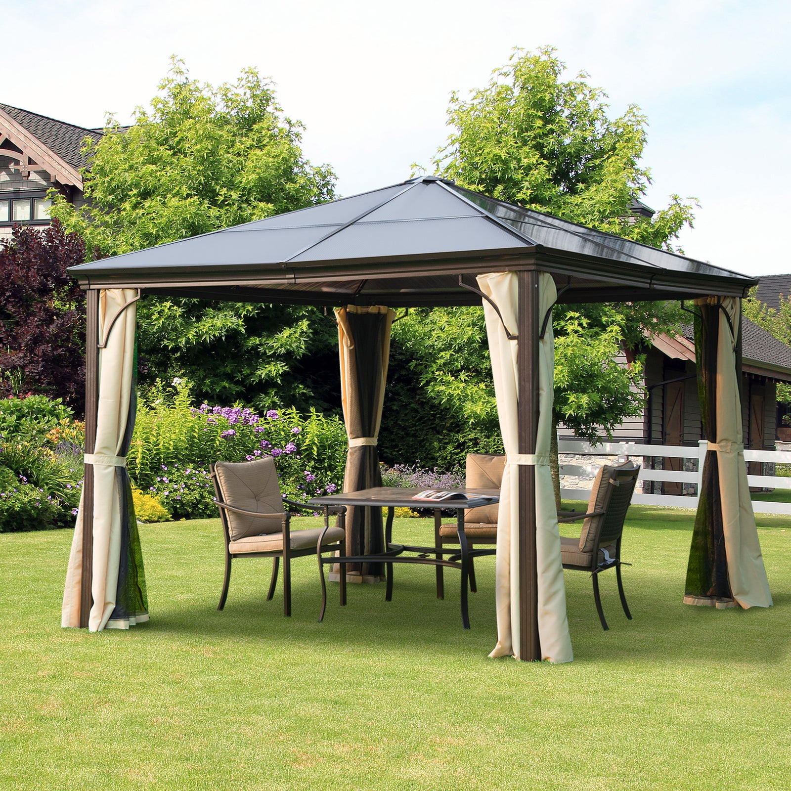 Hardtop Gazebo Canopy With Mosquito Netting And Curtains | Medium | Beige