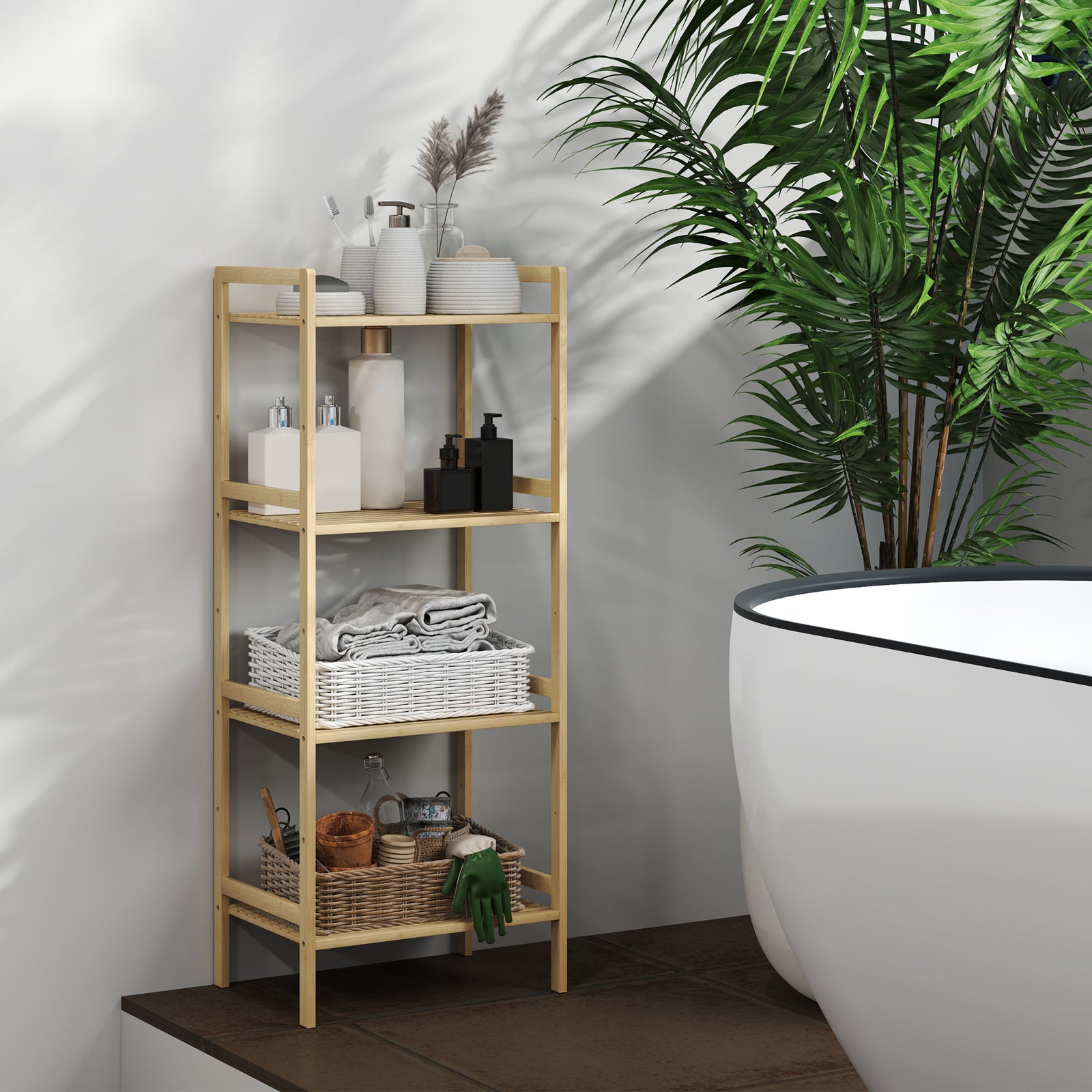 4-tier Bamboo Bathroom Storage Shelf With Adjustable Rack | One Size | Natural