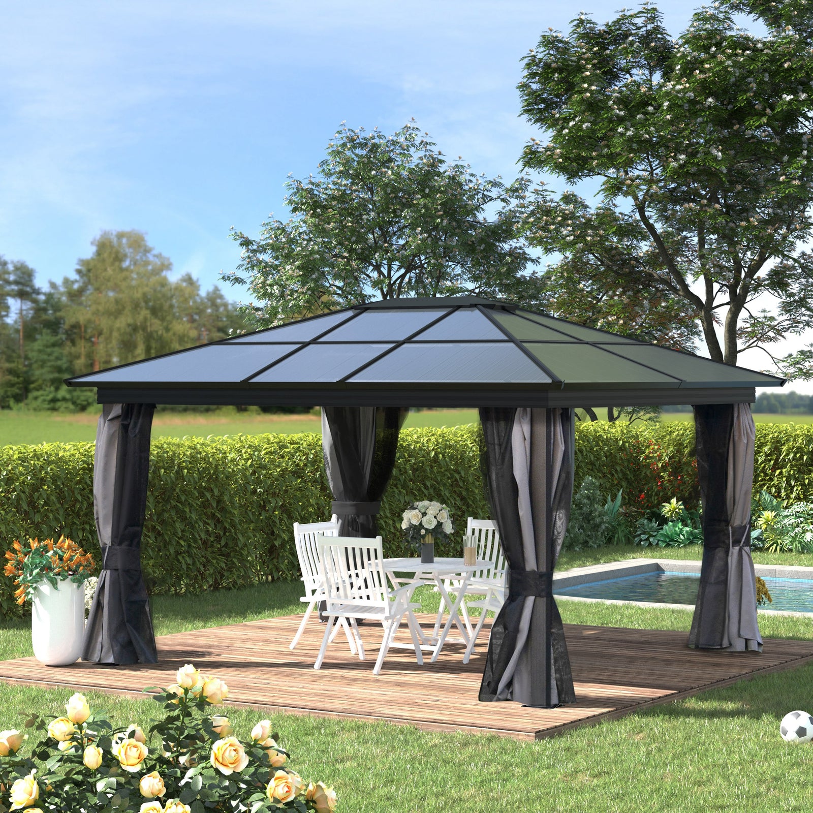 Hardtop Gazebo Canopy With Mosquito Netting And Curtains | Extra Large | Black
