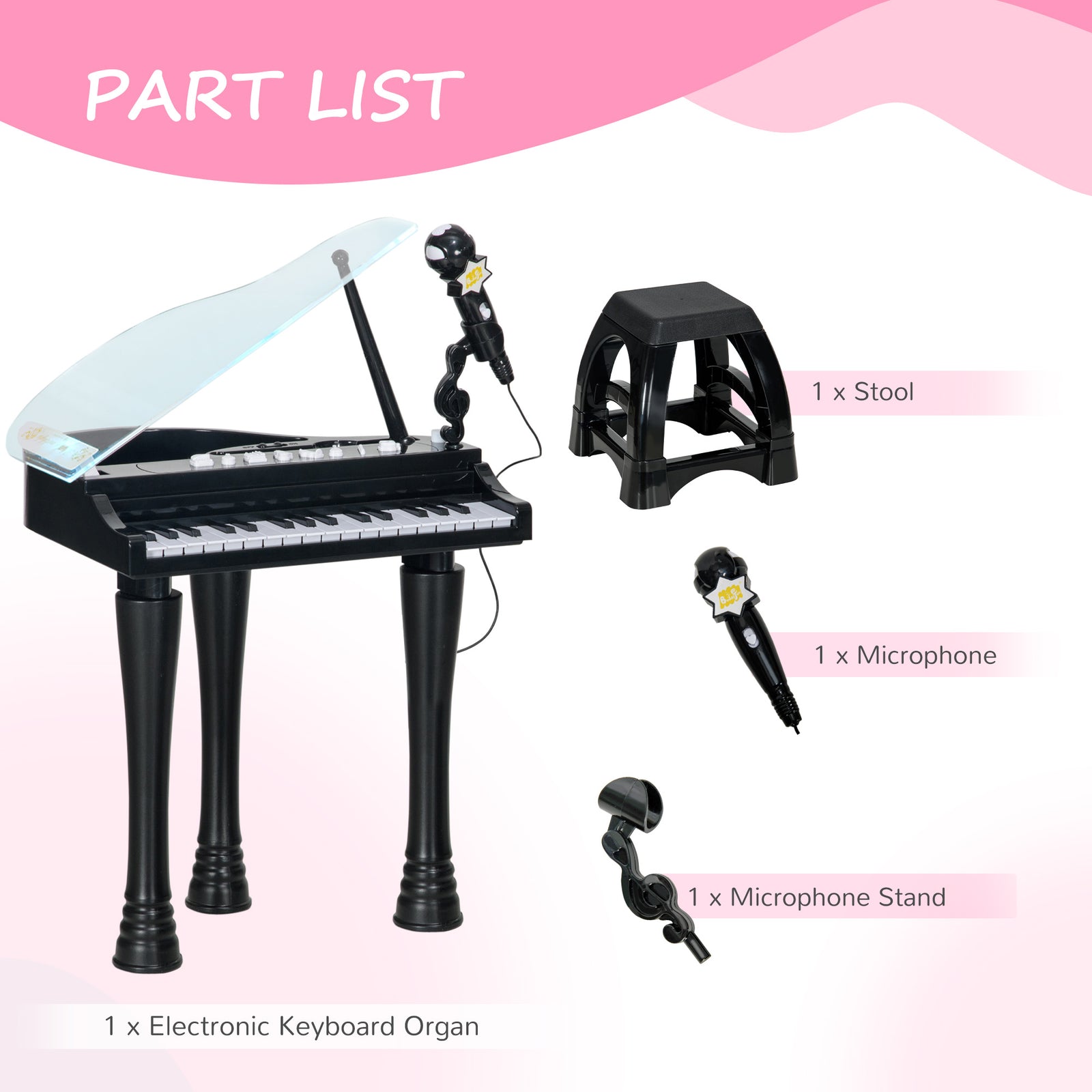 32 Keys Kids Piano Keyboard With Stool, Lights, Microphone, Black | Black