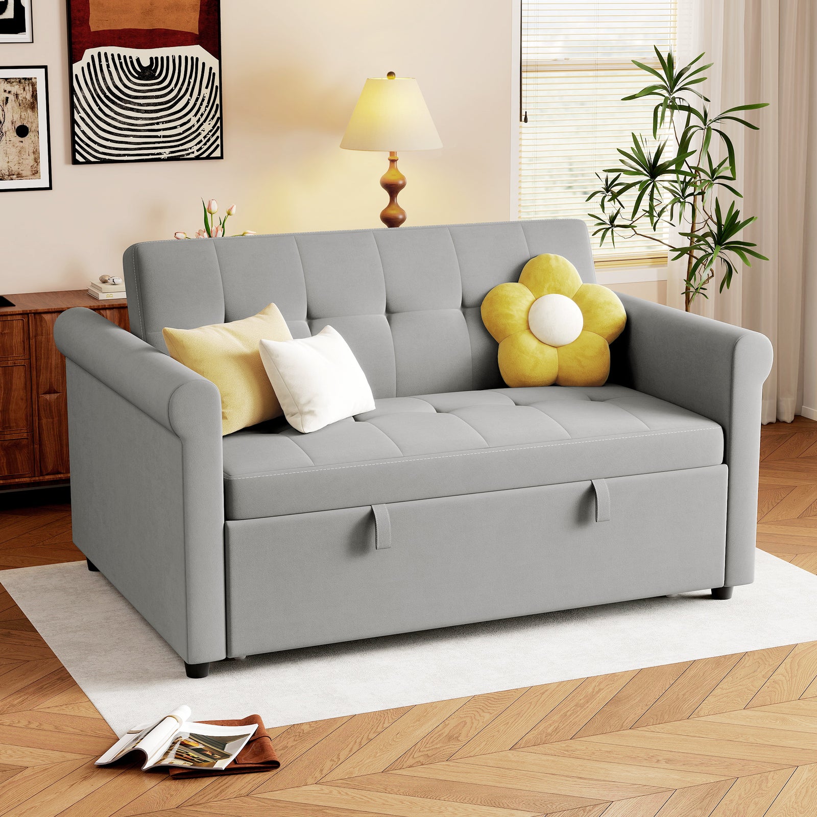 Convertible Pull Out Sleeper Sofa Bed Settee For Living Room, Grey