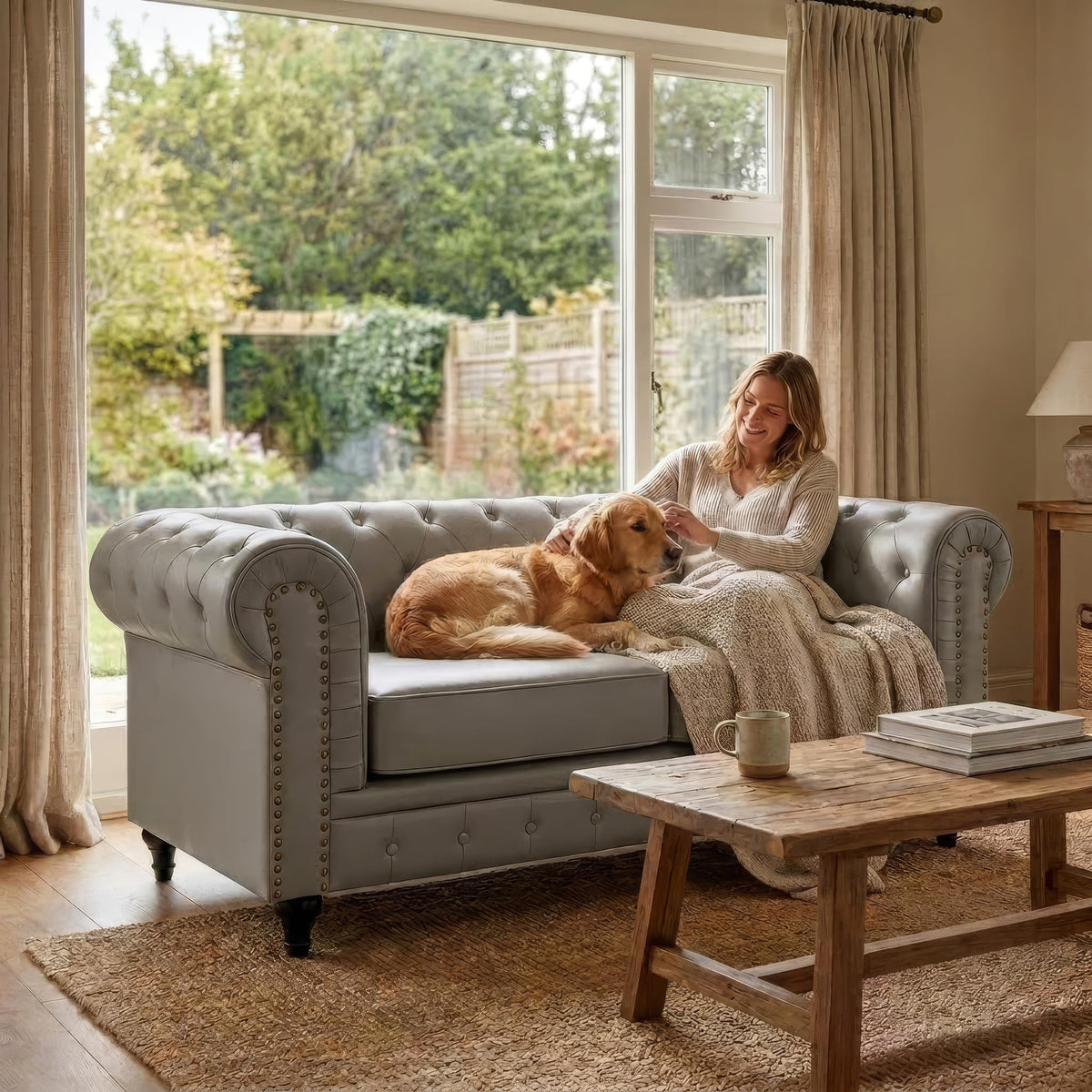 Chesterfield Scroll Arm Faux Leather Sofa 2 Seater | Grey