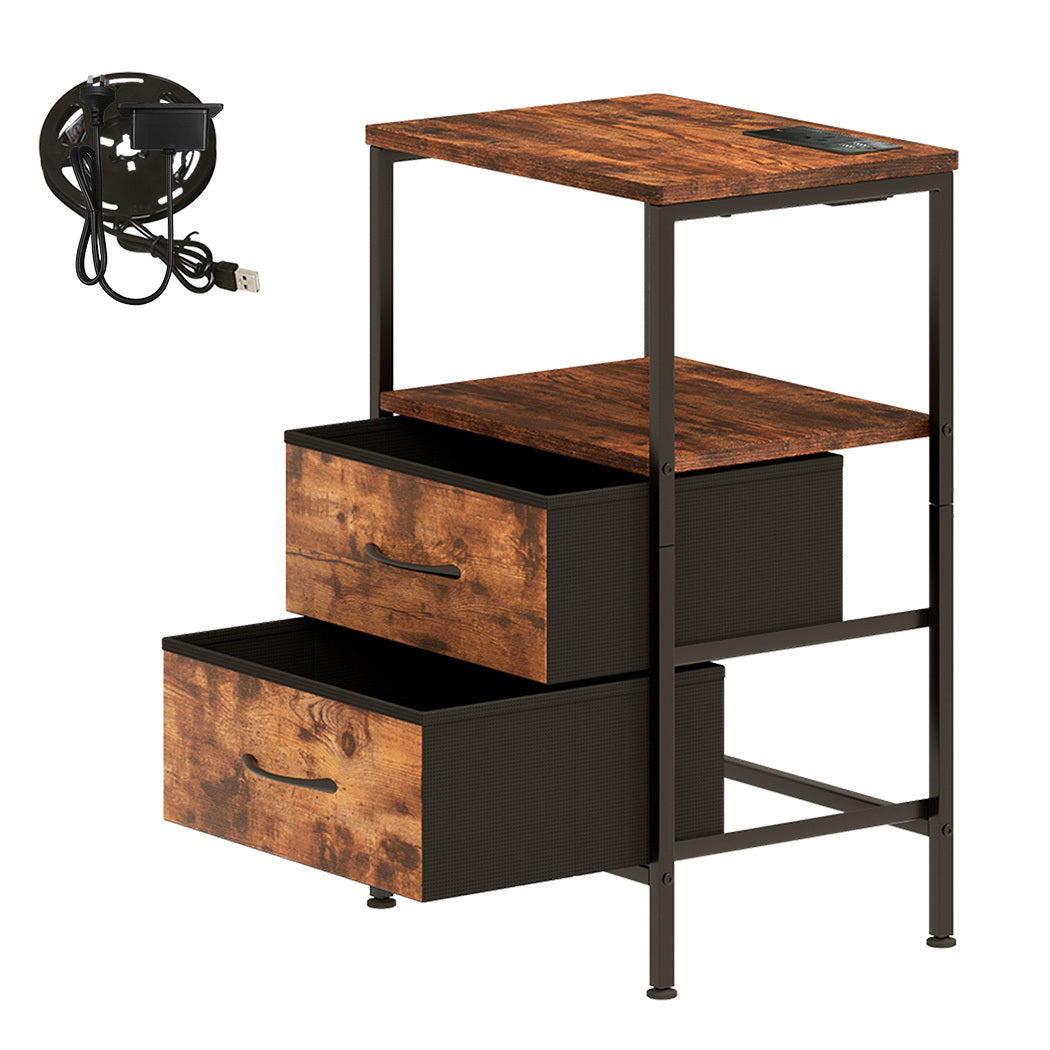 Led Bedside Table 2 Drawers Usb Ports Sofa End Table In Brown Black | Brown