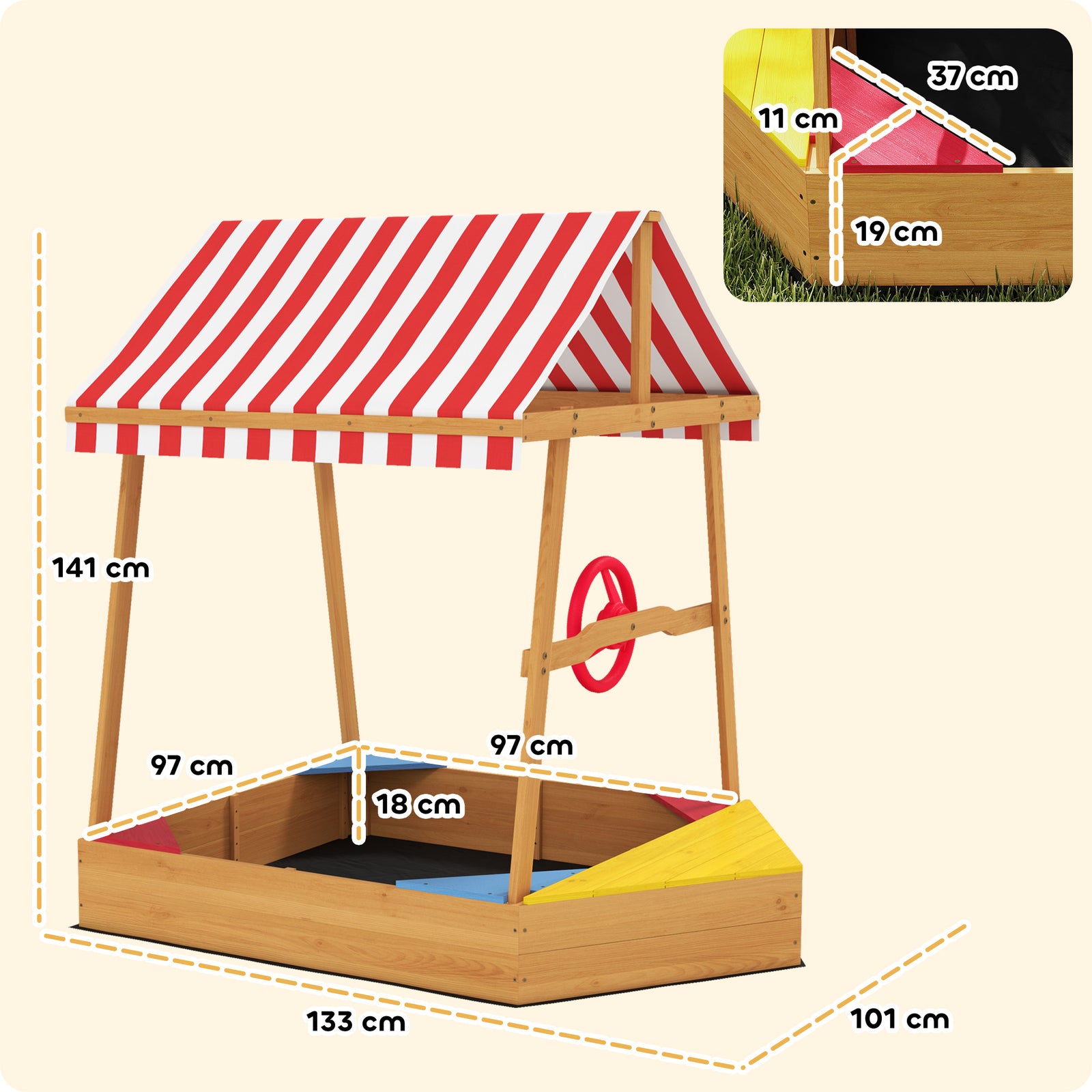AIYAPLAY Wooden Kids Sandpit, Boat-style Sandbox W/ Canopy, Seats, Rudder & Bottom Liner