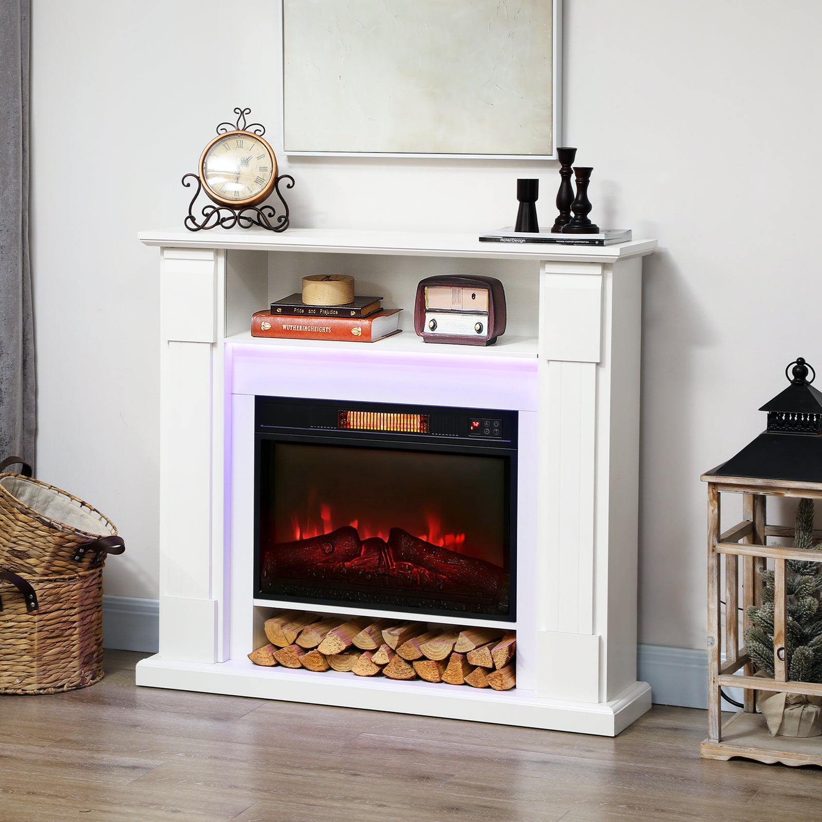 1800w Inset Electric Fireplace With Rgb Led Lights, White