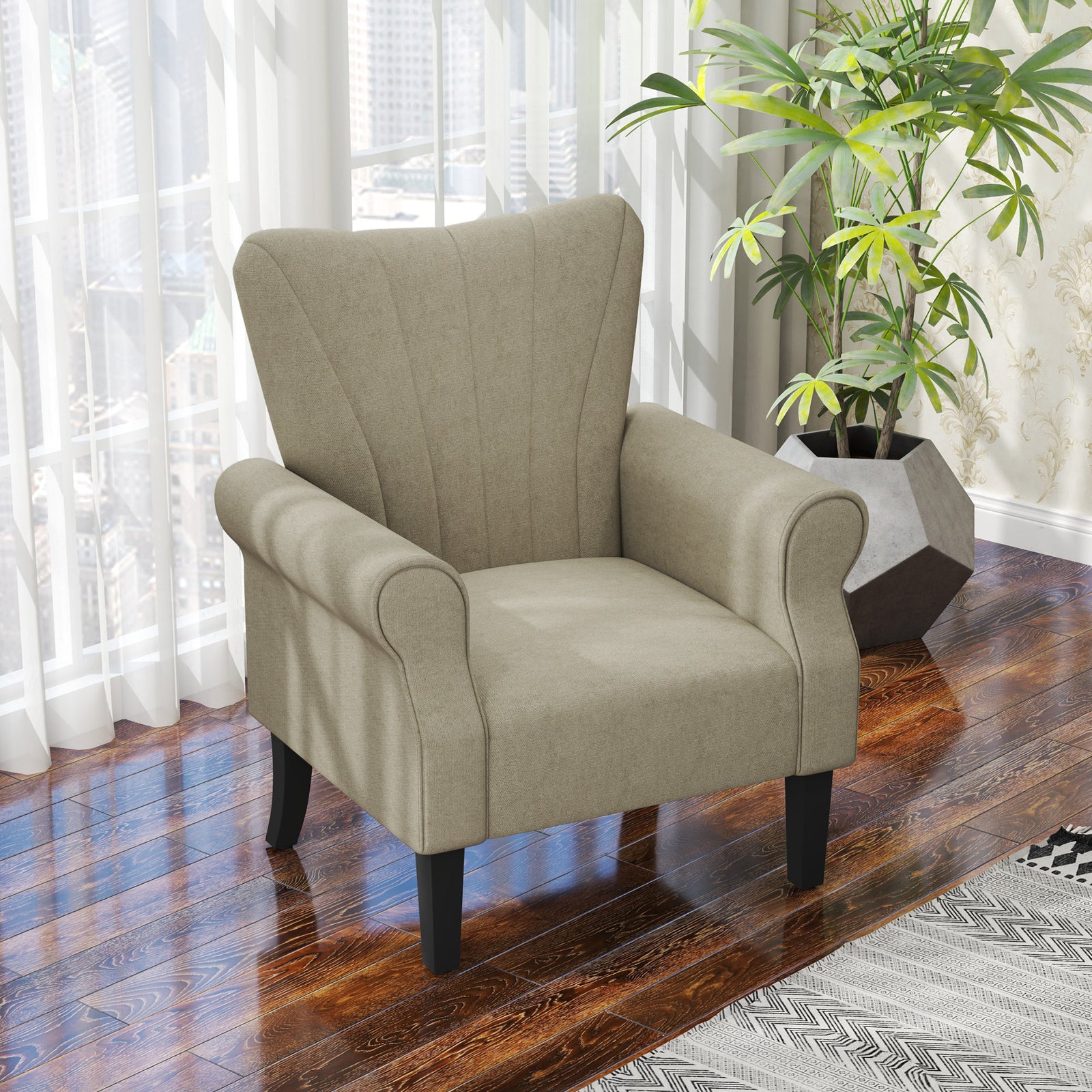 Armchair Upholstered Modern Accent Chair With Wood Legs | One Size | Beige