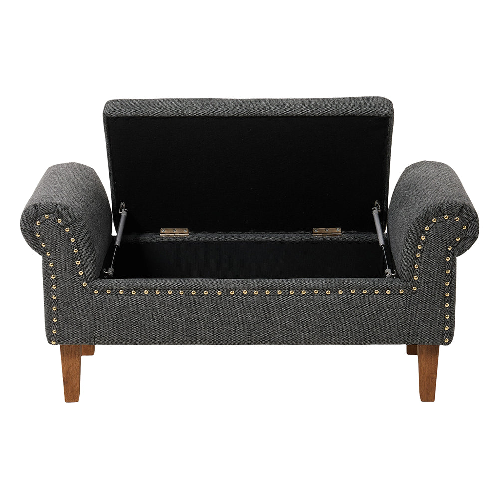 Linen Upholstered Storage Bench With Nailhead Trim & Wooden Legs – Modern Entryway Or Bedroom Seat 106cm W | Grey