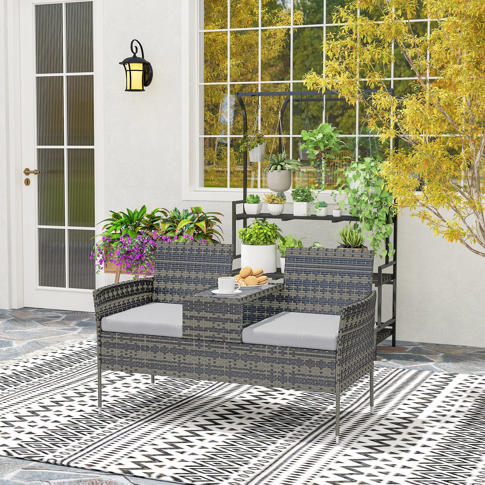 2 Seat Rattan Bench With Glass Tea Table