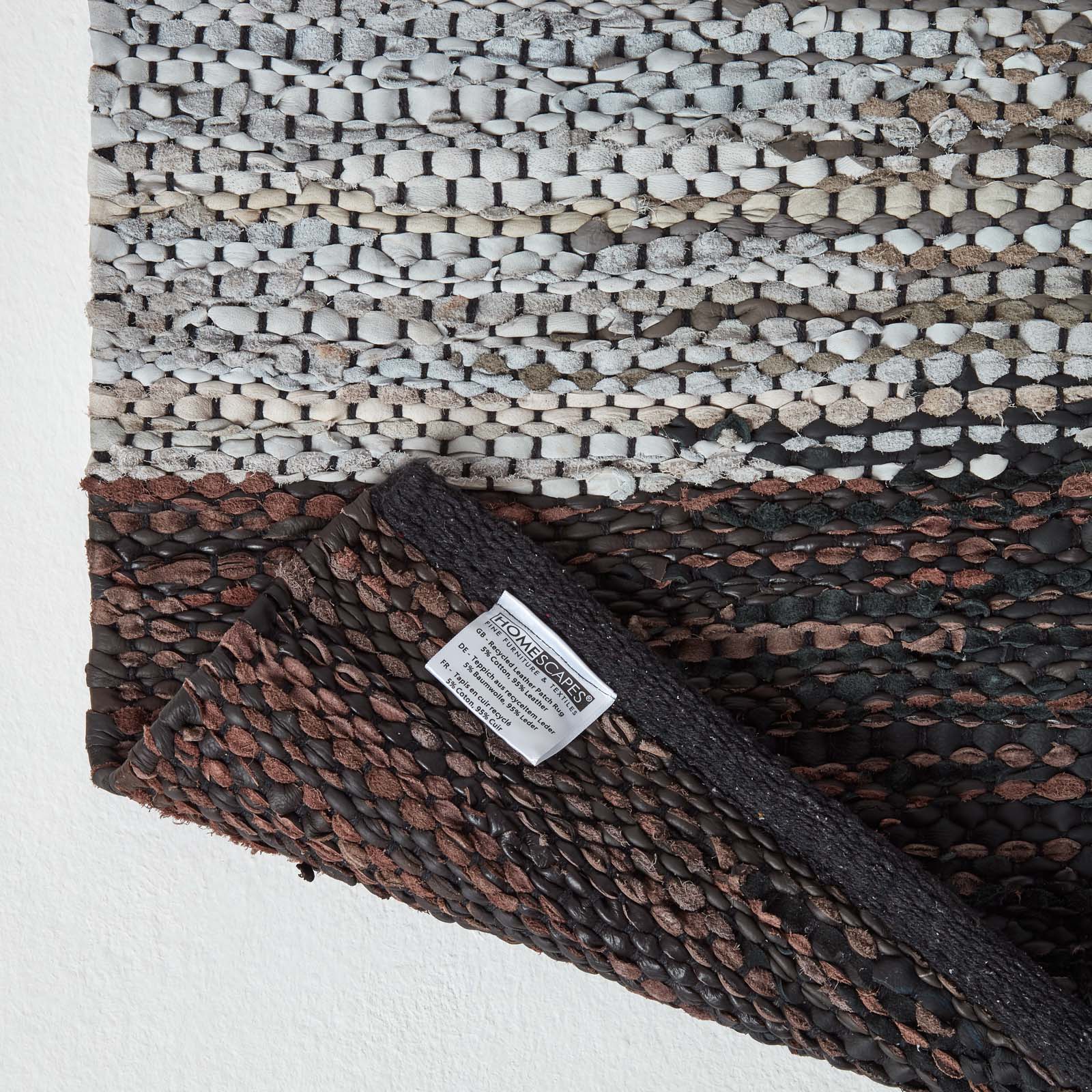Black, Grey & Brown Real Leather Handwoven Cutshuttle Rug | 120cm x 180cm | Black & Brown