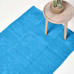 Plain Chenille 100% Cotton  Rug With Natural Trim | 170cm | Blue