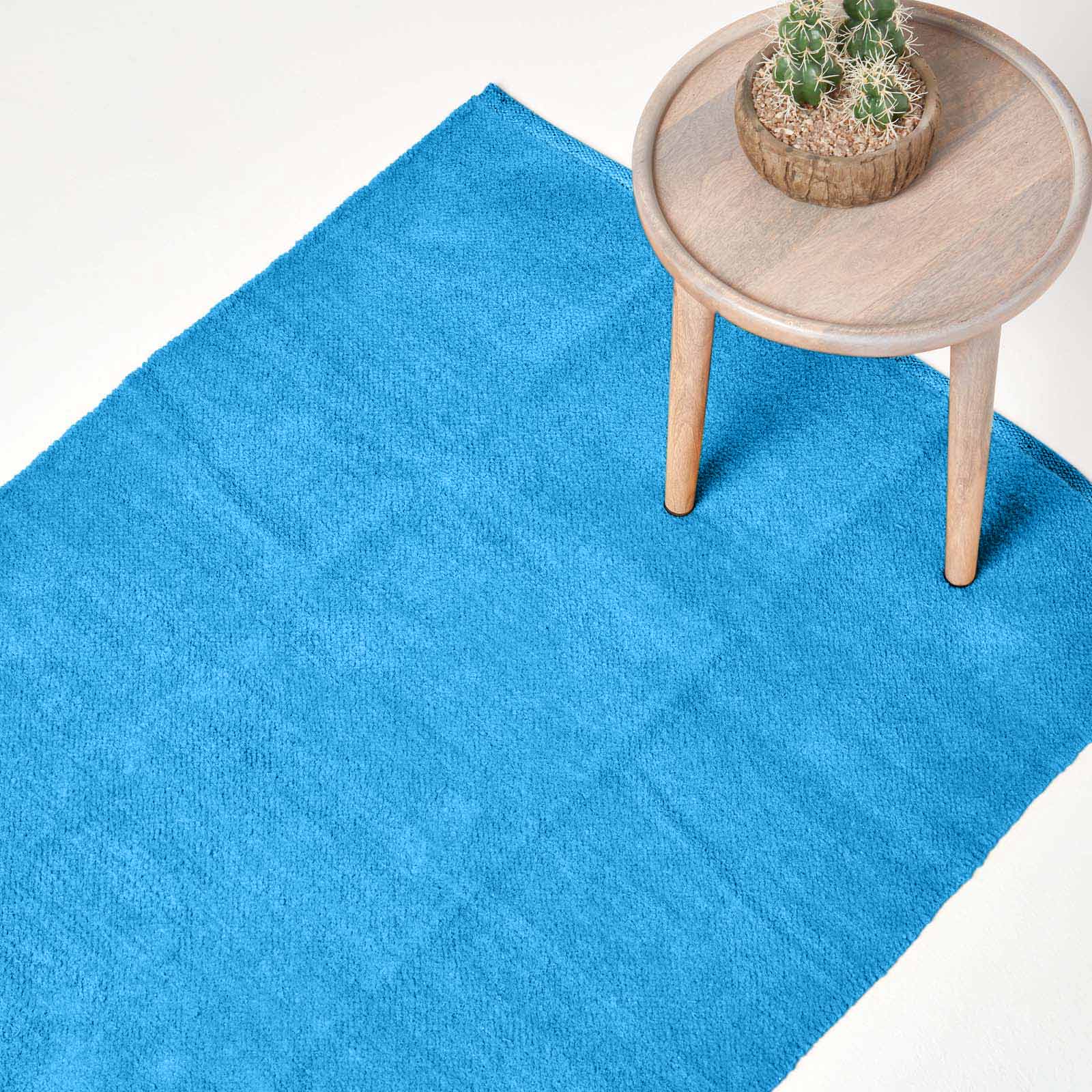 Plain Chenille 100% Cotton  Rug With Natural Trim | 170cm | Blue