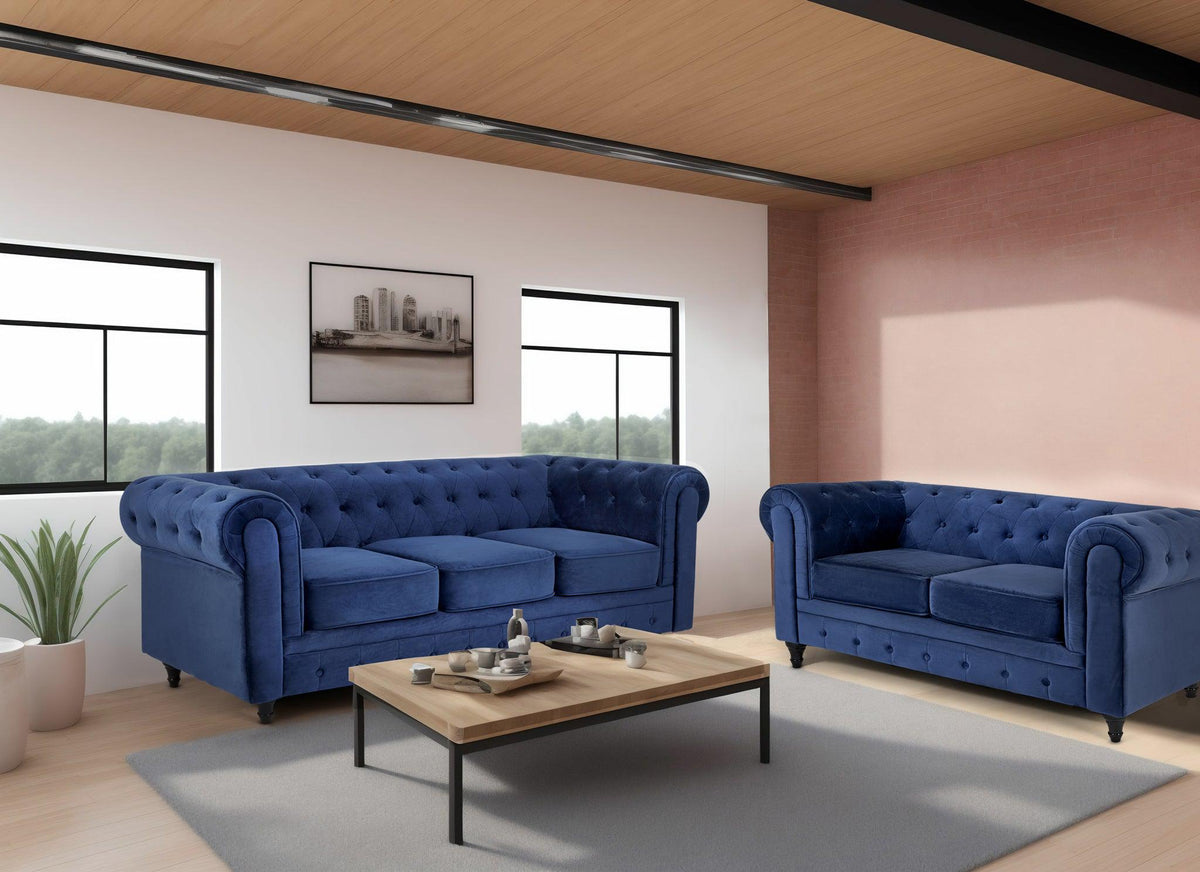 Button Tufted Velvet Living Room Sofa - 2 Seater | Blue