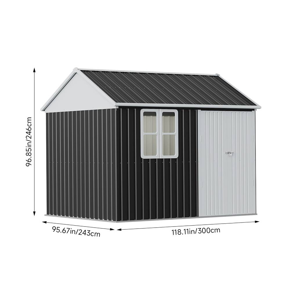 10x8ft Lockable Outdoor Metal Shed With Window – Apex Roof Garden Storage With Double Doors For Tools, Equipment