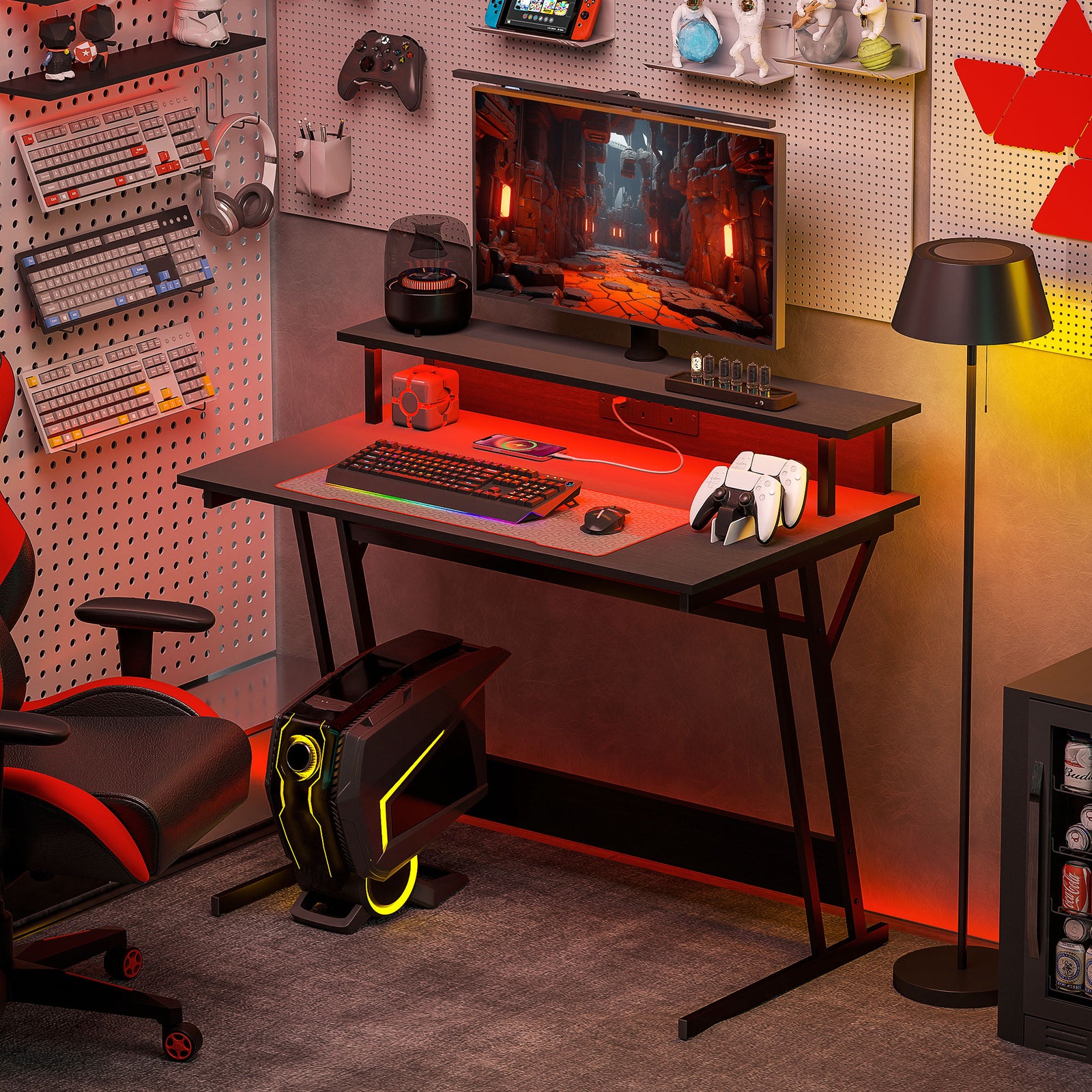Led Gaming Desk With Power Outlets And Monitor Stand