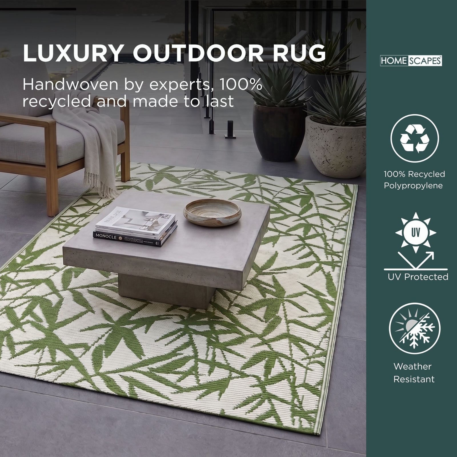 Luxury Outdoor Rug Waterproof Reversible For Garden Patio 100% Recycled, Green Zena Tropical | 180cm x 270cm | Green