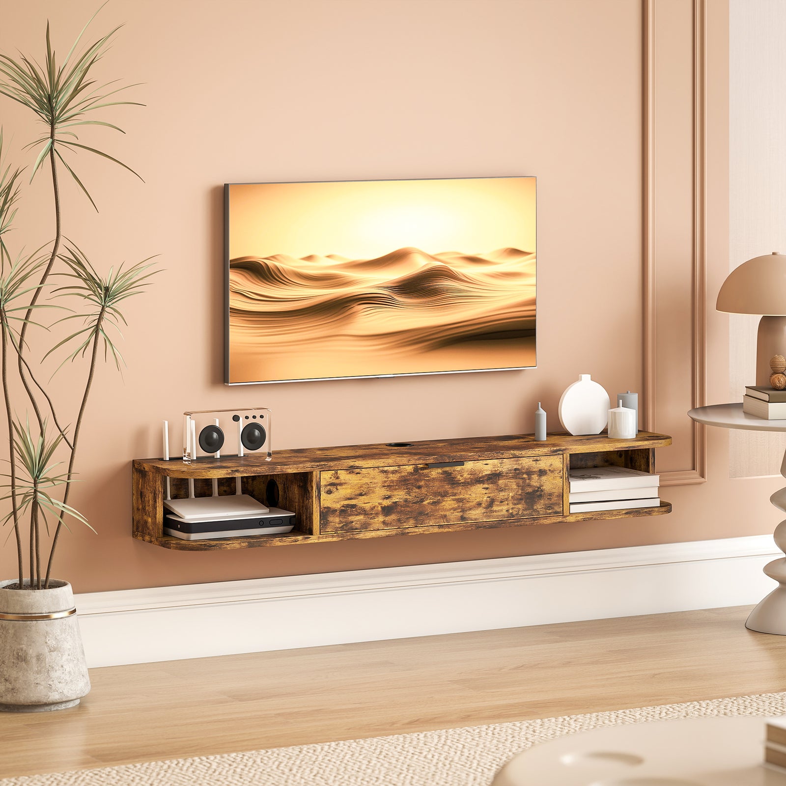 120 Cm Floating Tv Unit With Flip Drawer And Shelves | Rustic Brown
