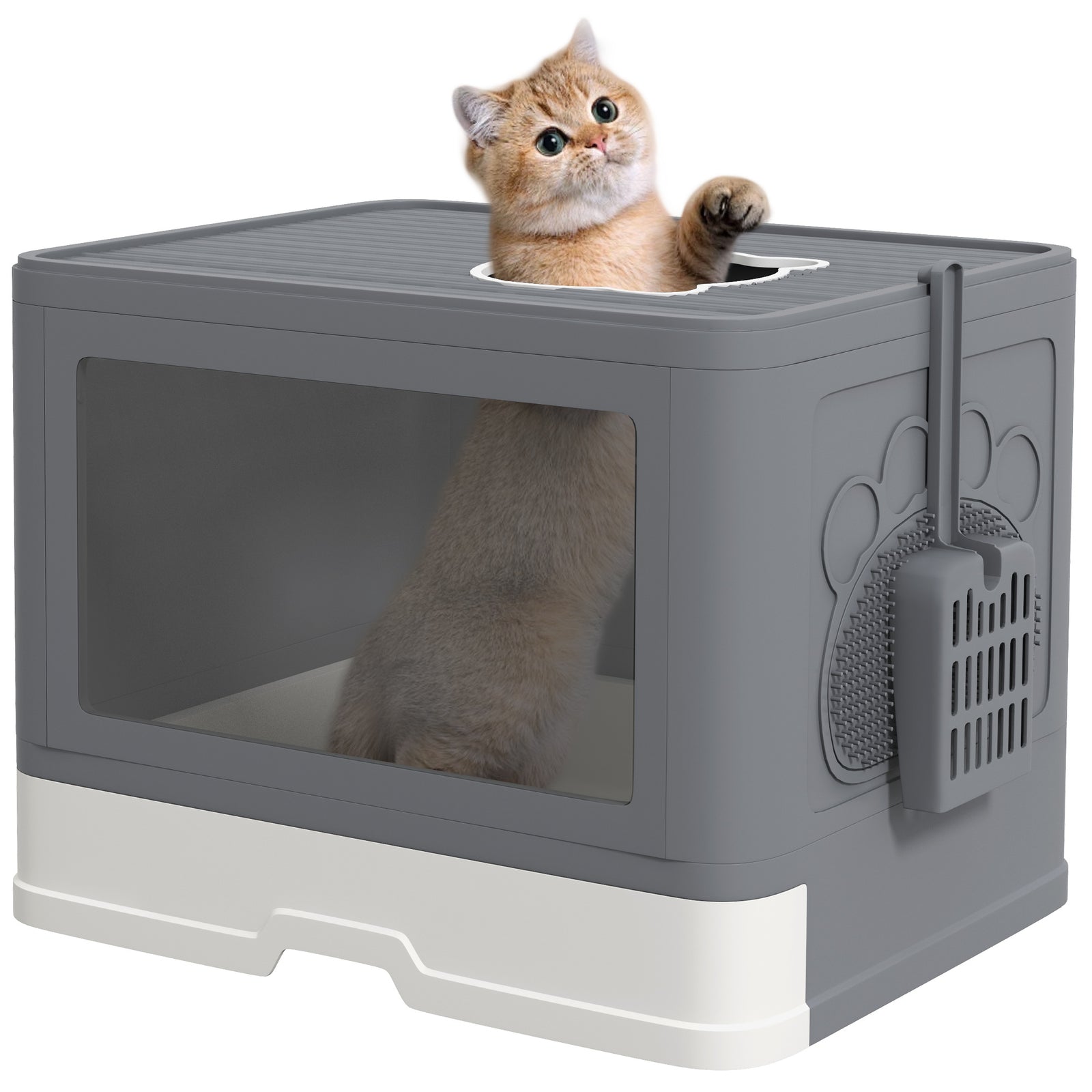 Cat Litter Tray W/ Lid, Front Entry Top Exit - Grey